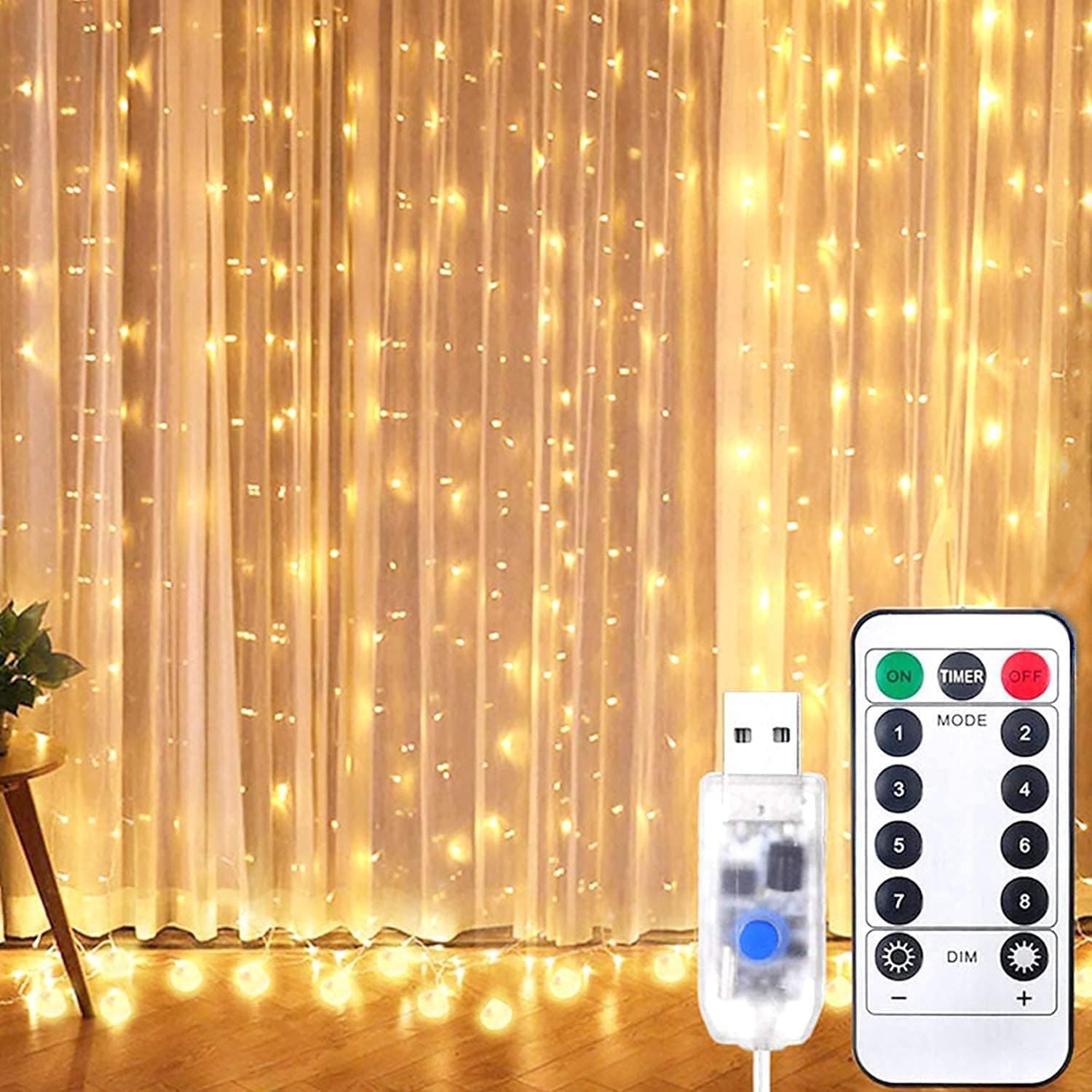 PASUTO Curtain String Light with Remote, 300 LED Fairy Dimmable Lights with 8 Flashing Modes for Christmas Halloween Wedding Party Home Garden Bedroom Wall Decorations, Warm White