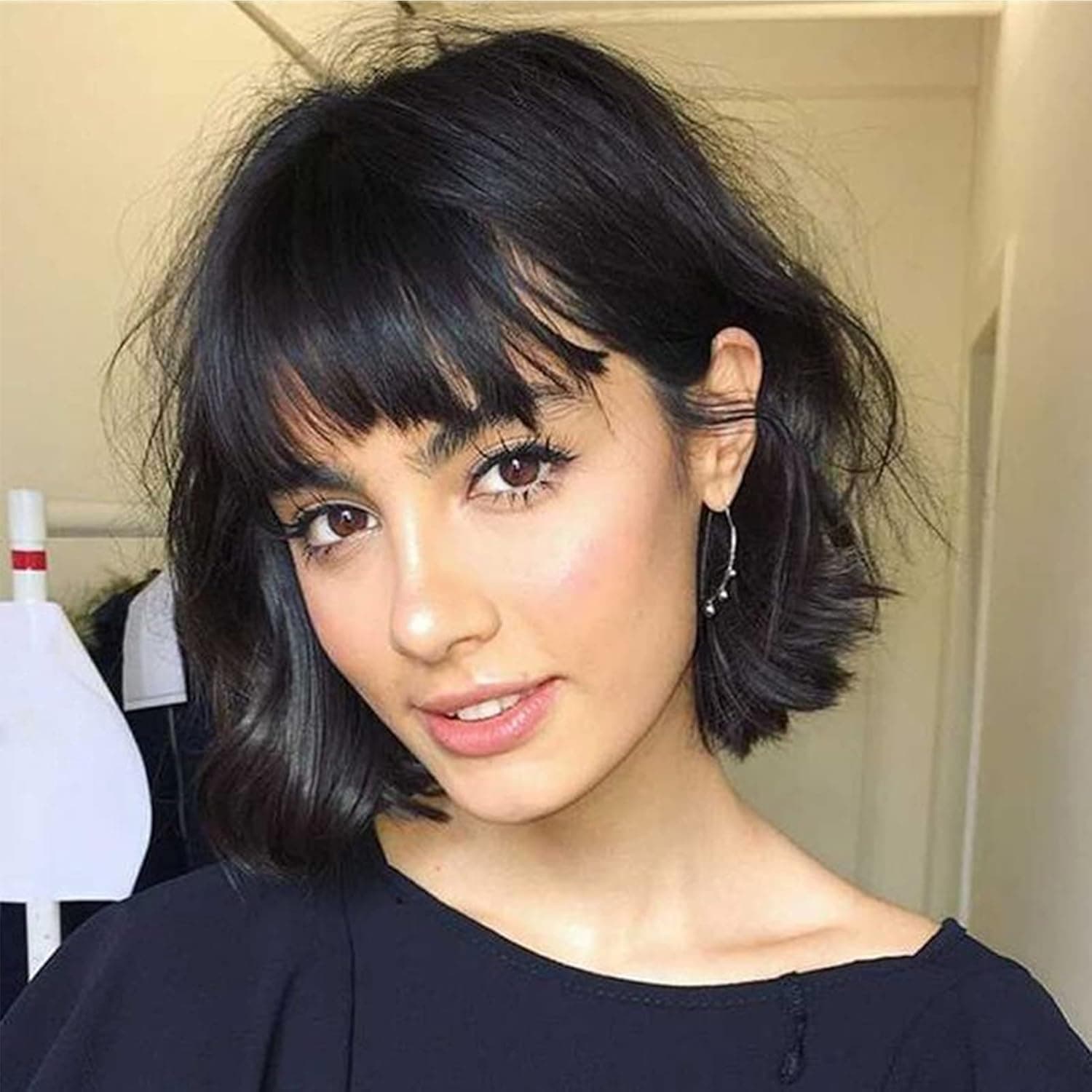 Stamped Glorious Short Wavy Black Bob Wig with Bangs Synthetic Short Wavy Wigs for Women Wavy Black bob Wig with Bangs Synthetic Heat Resistant Wigs(12 inch)