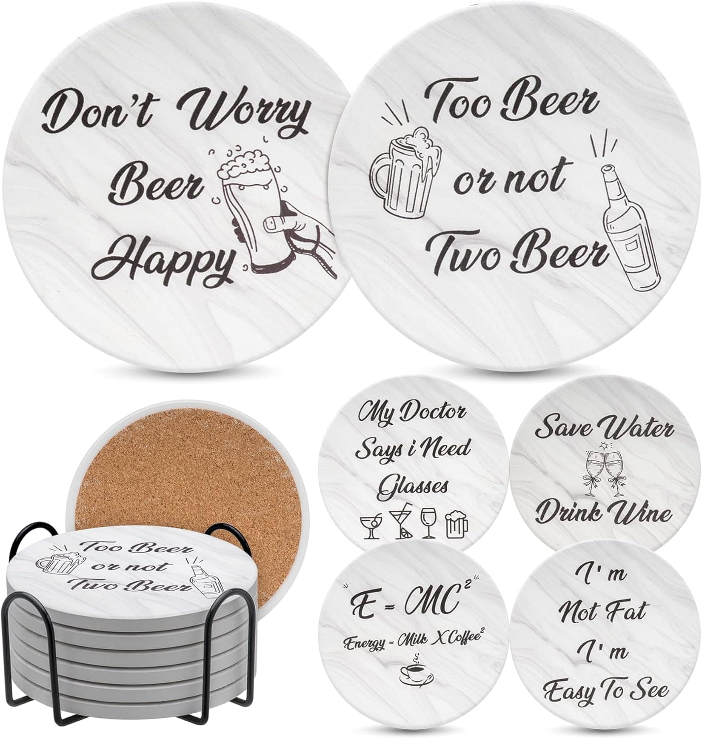 Funny Ceramic Coasters with Holder Set of 6, Elegant Marble Coasters for Drinks Absorbent, Farmhouse Bar Thirstystone Coasters for Coffee Wooden Table, Perfect Housewarming Gift for Friends, 4 inches