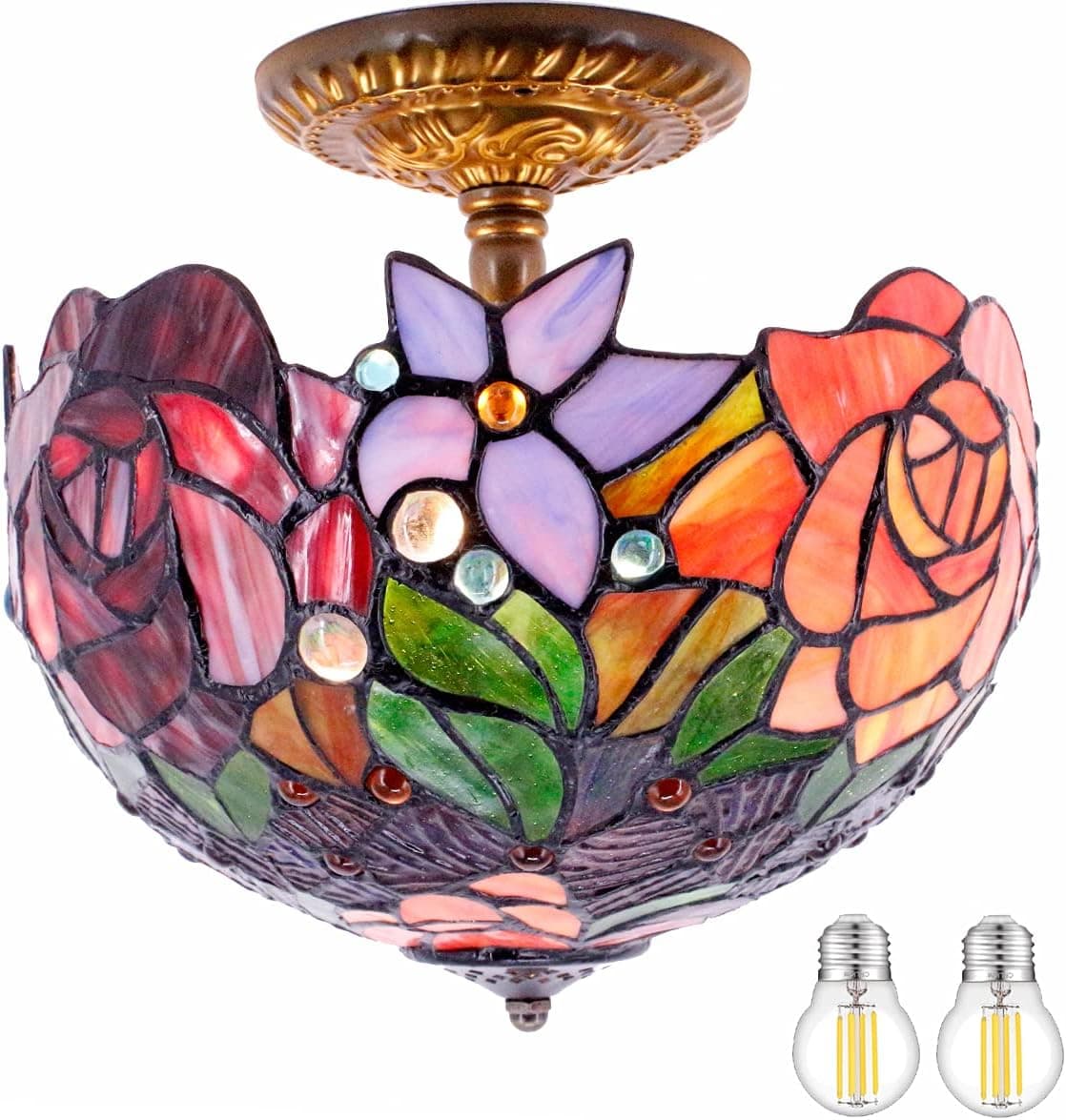 WERFACTORY Tiffany Ceiling Light Fixture Red Yellow Rose Stained Glass Semi Flush Mount Lamp Wide 12 Inch, Height 11 Inch S001 Series