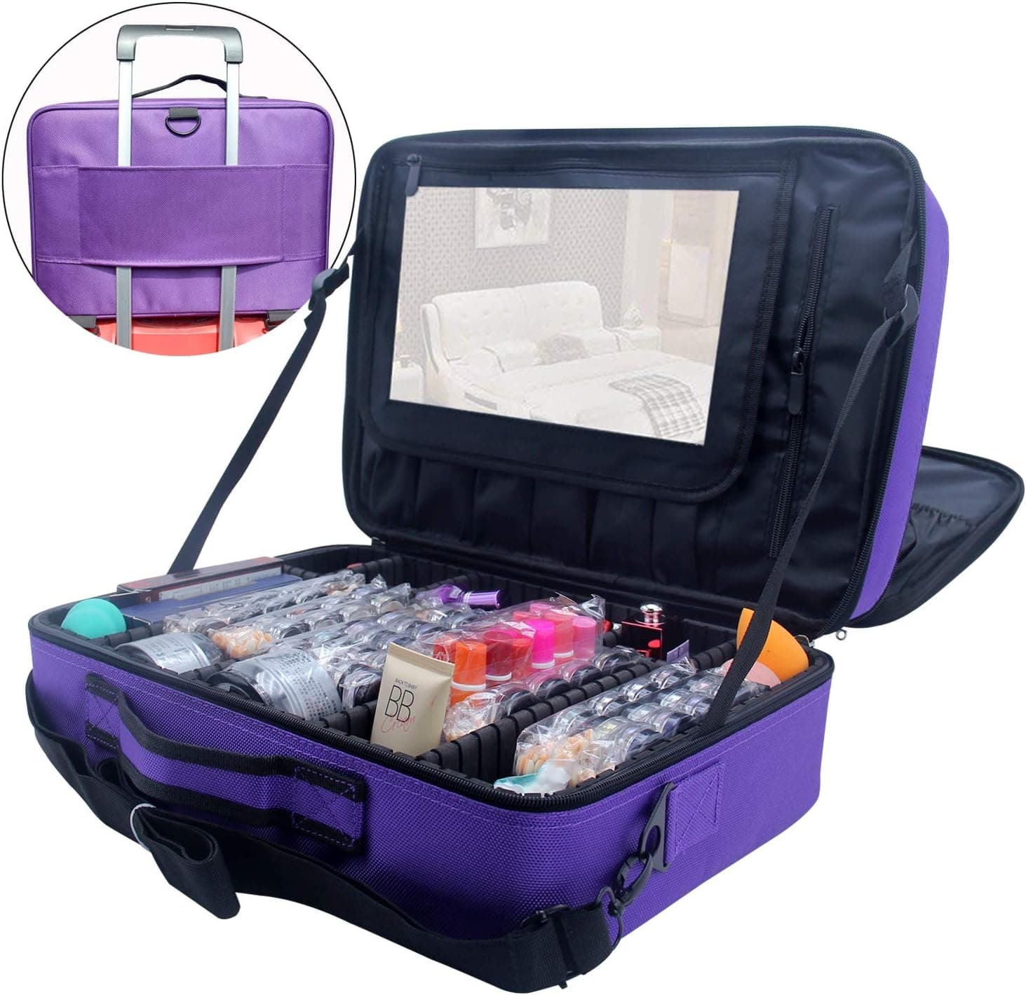 Relavel 3 layer MultiFunctional Professional Makeup Train Case Super Large Makeup Bag Organizer for Brush Hair Curler Salon Nail Beauty Tool Attach to Trolley with Mirror (marble)