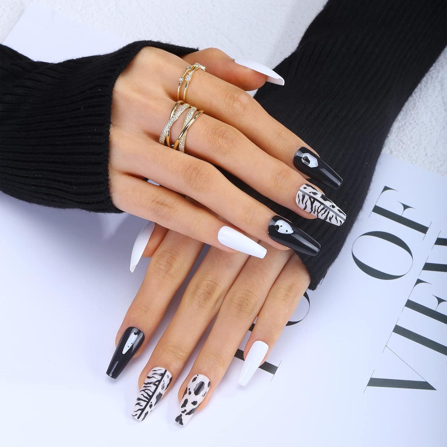 Press on Nails Long, 30Pcs French Bow Tie Square Fake Nail Tips 12 Sizes, Includes Prep Pad, Mini File, Cuticle Stick Nails for Women by Mlen Dairy A12-Cream Black&White