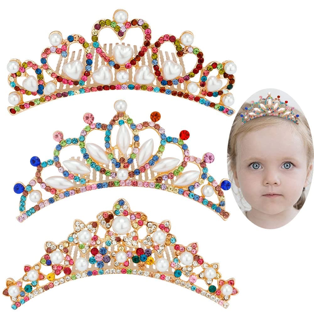 ANBALA Small Tiara Crown with Hair Comb, 3 Pack Mini Tiara Crown Princess Crystal Shiny Hair Accessories for 2 3 4 5 6 7 8 9 Years Girls Hair Dectoration Styling (Gold + 7 Color Crystal)