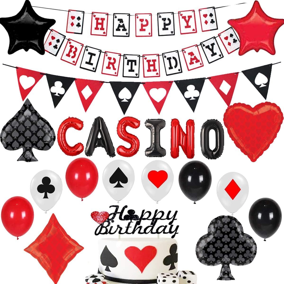 Birthday Party Supplies - Casino Theme Party Decorations - Casino Birthday Party Decorations Supplies, Happy Birthday Banner, Poker Triangle Buntting, CASINO Poker Star Cake Topper and Latex Balloon for Las Vegas Party Decorations