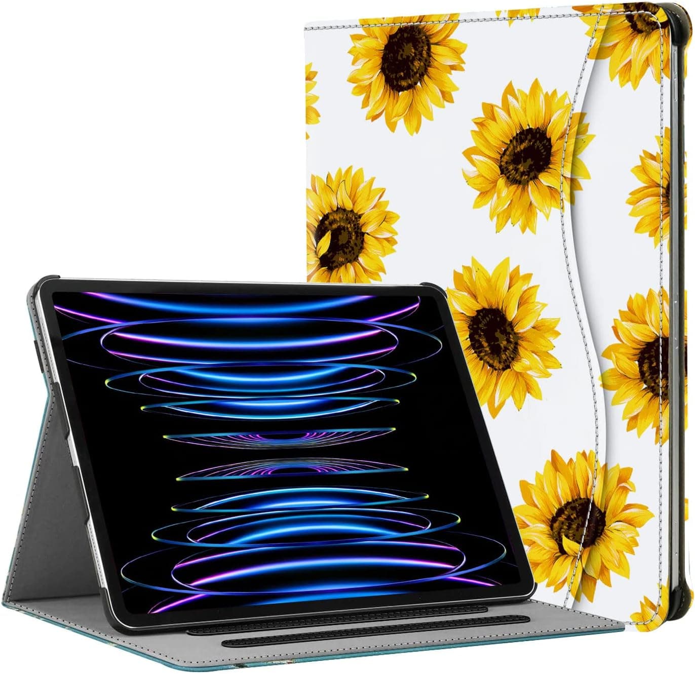 Hepix iPad Pro 12.9 Case 2022 2021 2020 2018 Sunflower 6tn 5th 4th 3rd Gen with Pencil Holder, Flower Multi-Angle Stand Pocket Folio Protective Leather Floral Cover Auto Sleep Wake