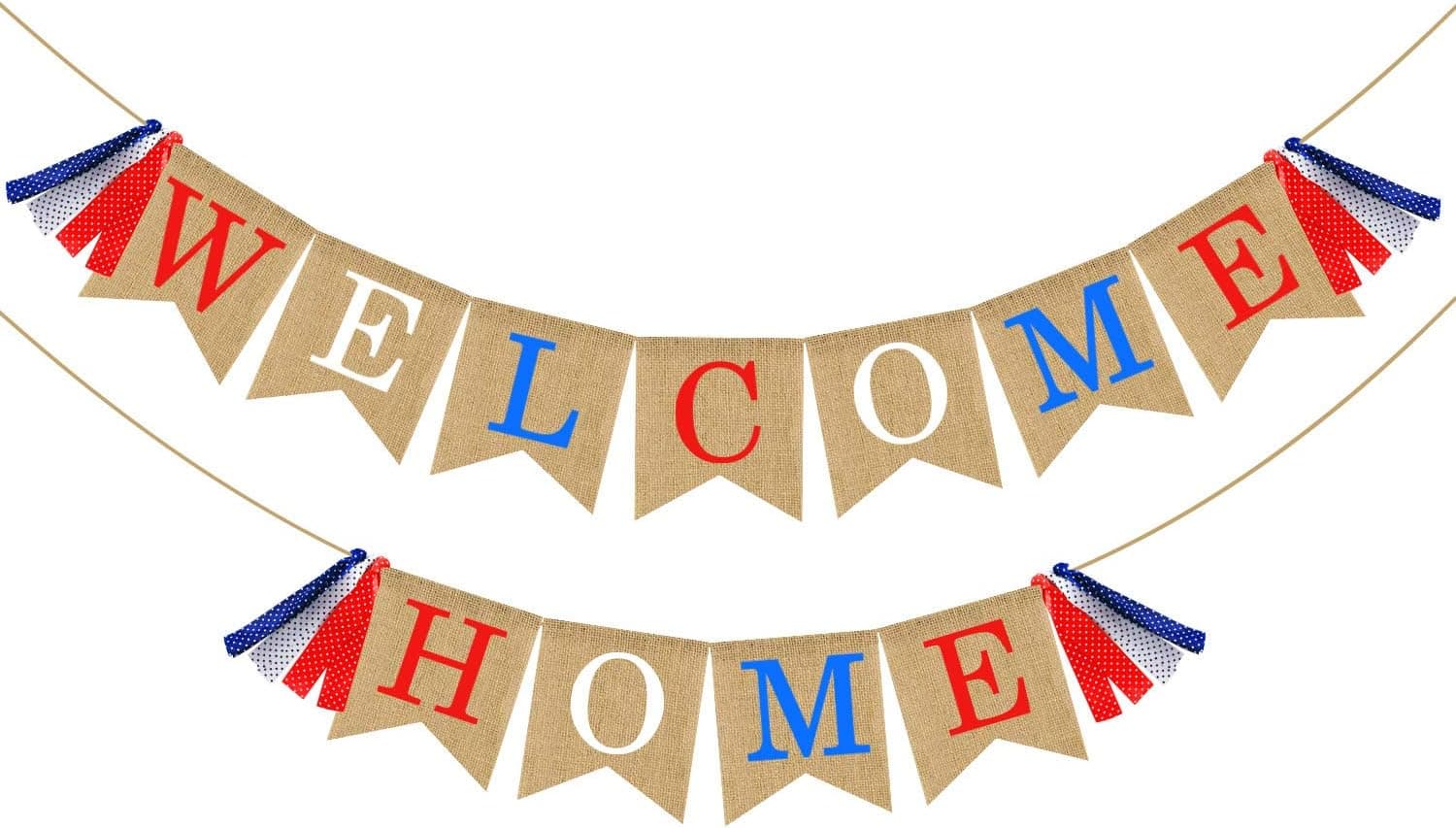 Welcome Home Banner Burlap - Patriotic Banner Bunting - Military Homecoming Banner - Your Family Members Friends Welcome Home Decorations Party Supplies - Red White & Blue