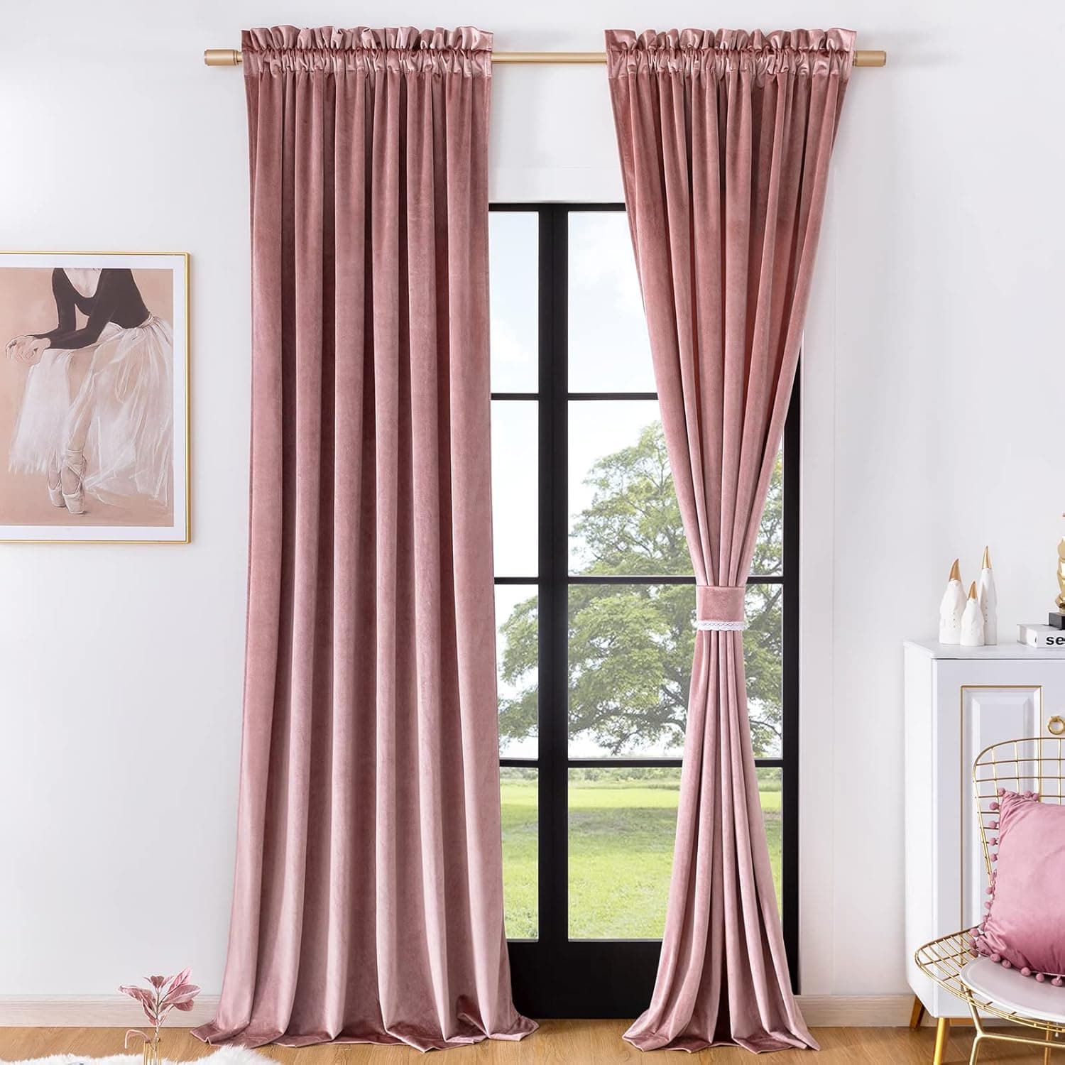 Timeper Pink 96 inches Velvet Curtains - Semi Blackout Rod Pocket Window Drape, Silky Glossy Window Covering Thermal Insulated (Blush Pink, 1 Pair of W52 x L96 inches Curtains and 2 Lace Tiebacks)