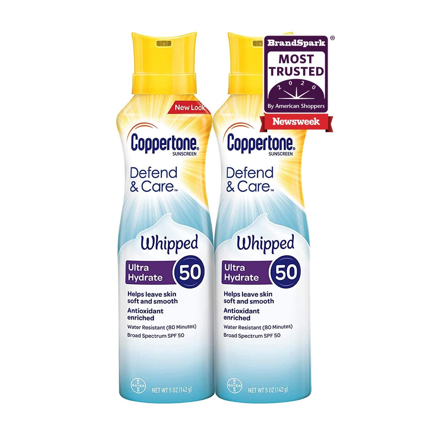 Coppertone Defend & Care Ultra Hydrate Sunscreen Whipped Lotion SPF 50 Multipack (5 Ounce Bottle, Pack of 2)