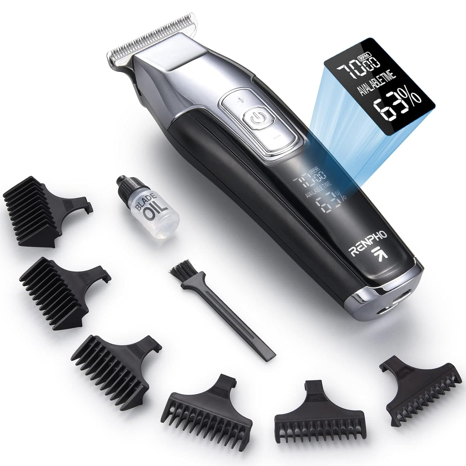 RENPHO 4-Speed Trimmer for Men, Professional Cordless Hair Clippers kit, Barber Clippers with LED Display, T Blade Beard Trimmer for Men, Precise Length Settings, 100-240V for Worldwide Travel