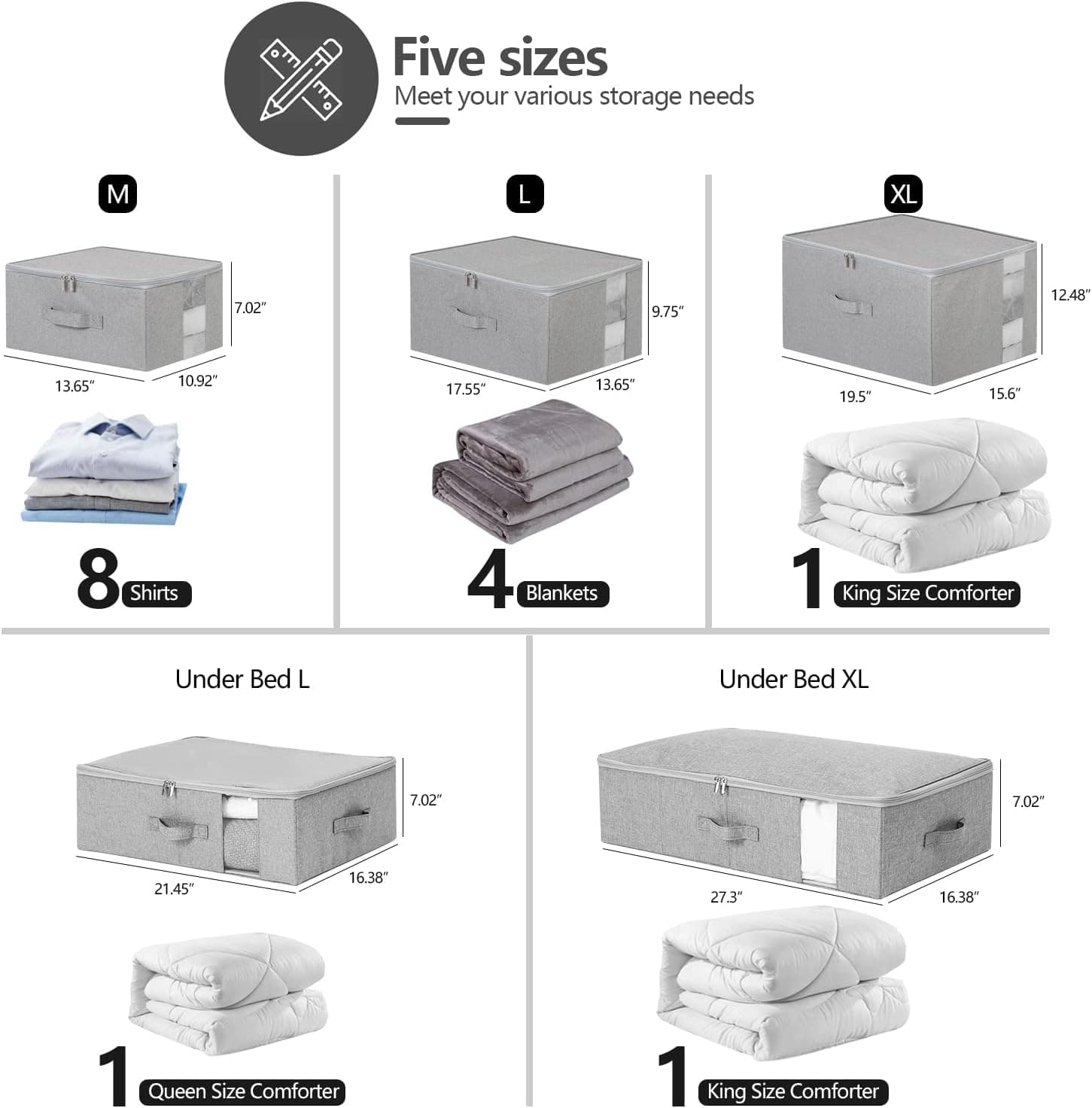 Eruna 2-Pack Collapsible Storage Bins With Zipper, Comforters, Pillows, Blankets, Bedding, Linen, Quilts, Blankets, Duvets, Clothes, Toys, Space Saver; Closet Organizers, Grey (17.55 X 13.65 X 9.75)