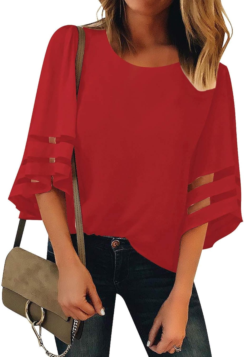 LookbookStore Women's Crew Neck Mesh Panel Blouse 3/4 Bell Sleeve Summer Top Shirt Red Size Medium