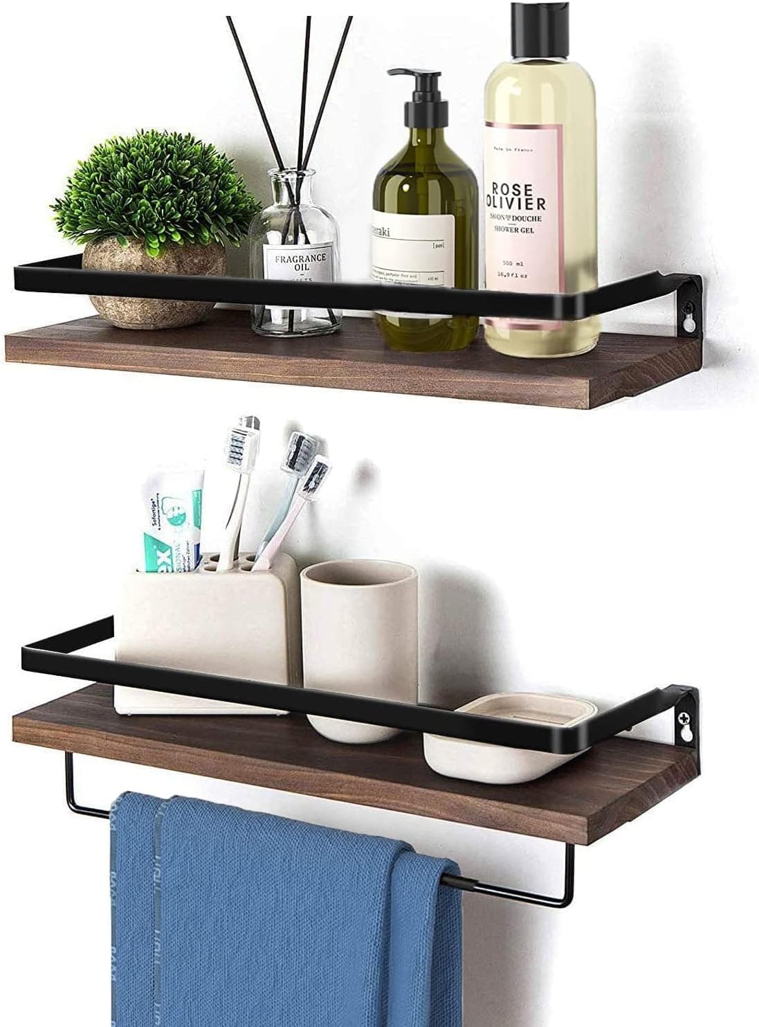YIHATA Floating Wall Shelves with Towel Shelf, Set of 2 Wood Wall Storage Shelves for Kitchen, Bedroom, Bathroom, Office