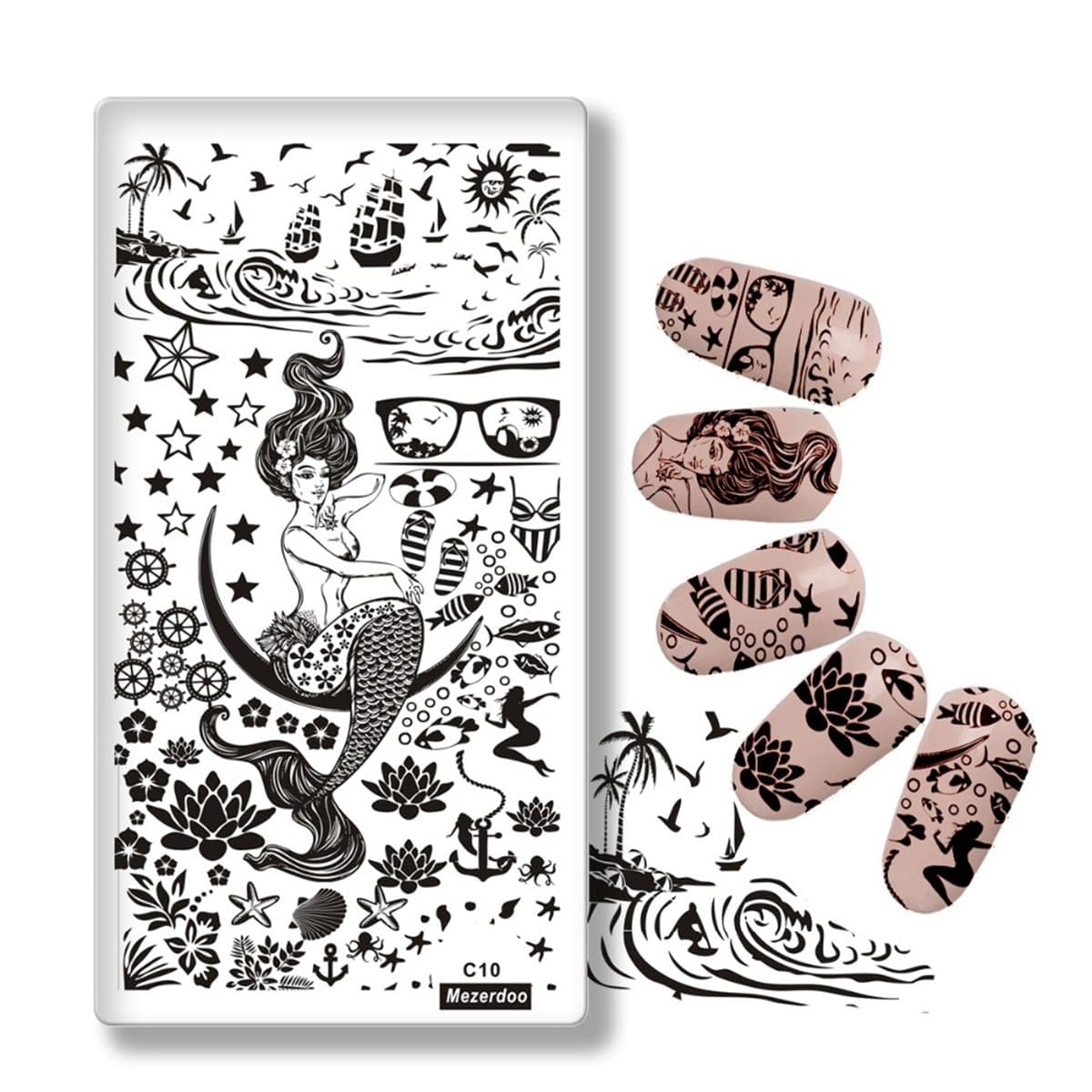 Mezerdoo 1pcs Ocean Theme Mermaid Sea Starfish Sailboat Image Nail Stamping Polish Plate DIY Nail Tool