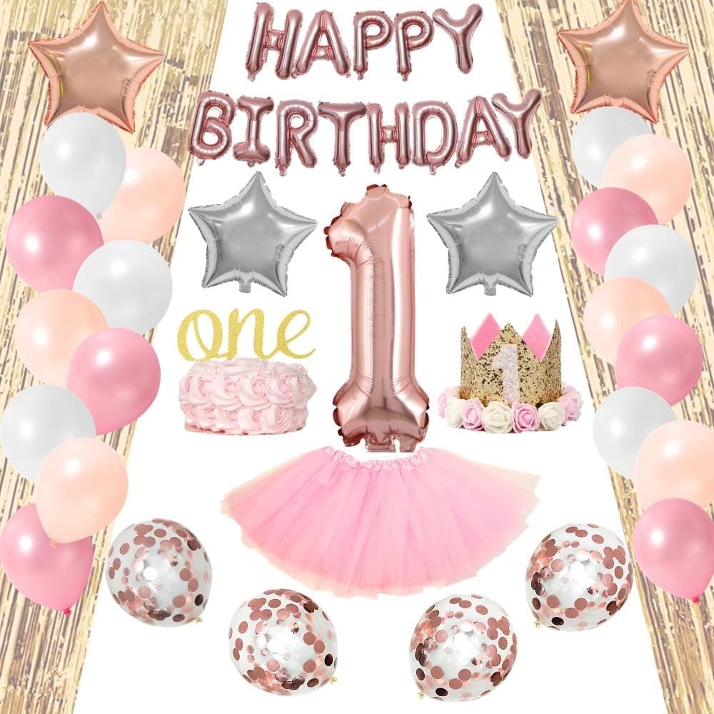 1st Birthday Decorations for Girl Pink White Silver Gold Theme | Tiara Hat One' Cake Topper + Assorted Colors Latex Balloons 46Piece Value Pack Party Supplies Bundle for Cute Kids + Ideal Gift Idea