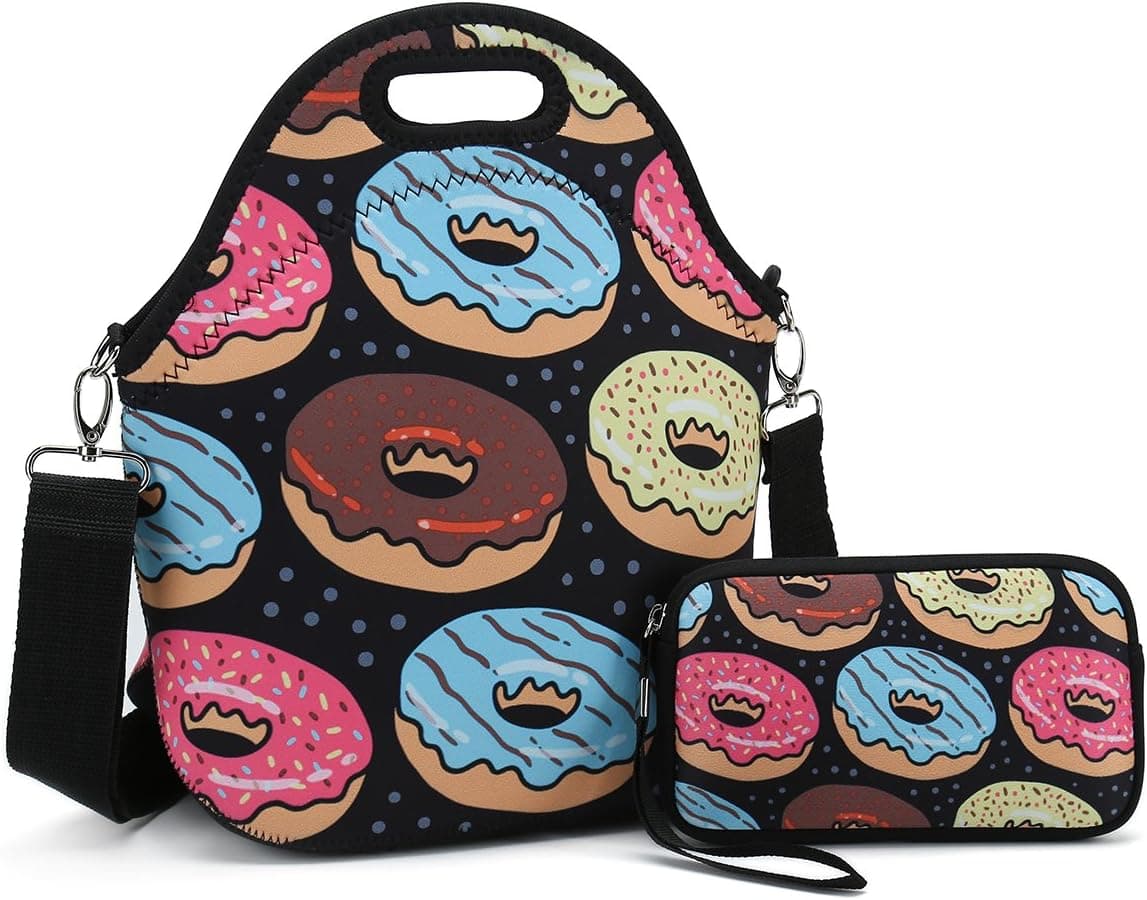 Insulated Neoprene Lunch Bag-Removable Shoulder Strap-X Large Size Reusable Thermal Thick Lunch Tote/Lunch Box/Cooler Bag with Wallet Pouch for Adults,Kids,Women,Men Teens,Girls,Baby (Bread Donuts)