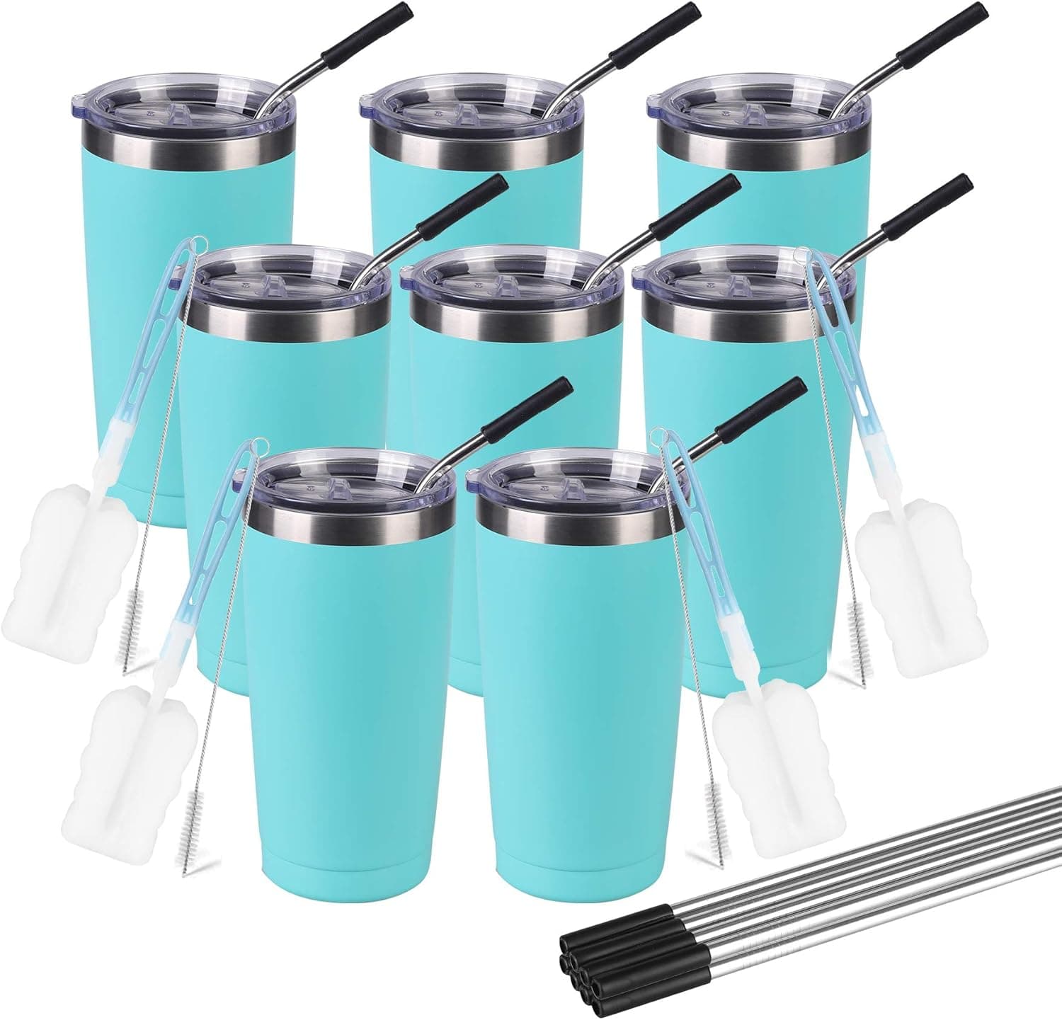 SERENCOZY 20oz Tumbler Stainless Steel Vacuum Insulated Tumbler With Lid And Straws Double Wall Travel Coffee Mugs Cup for Hot Beverage and Cold Drinks (Mint, 8 Pack)