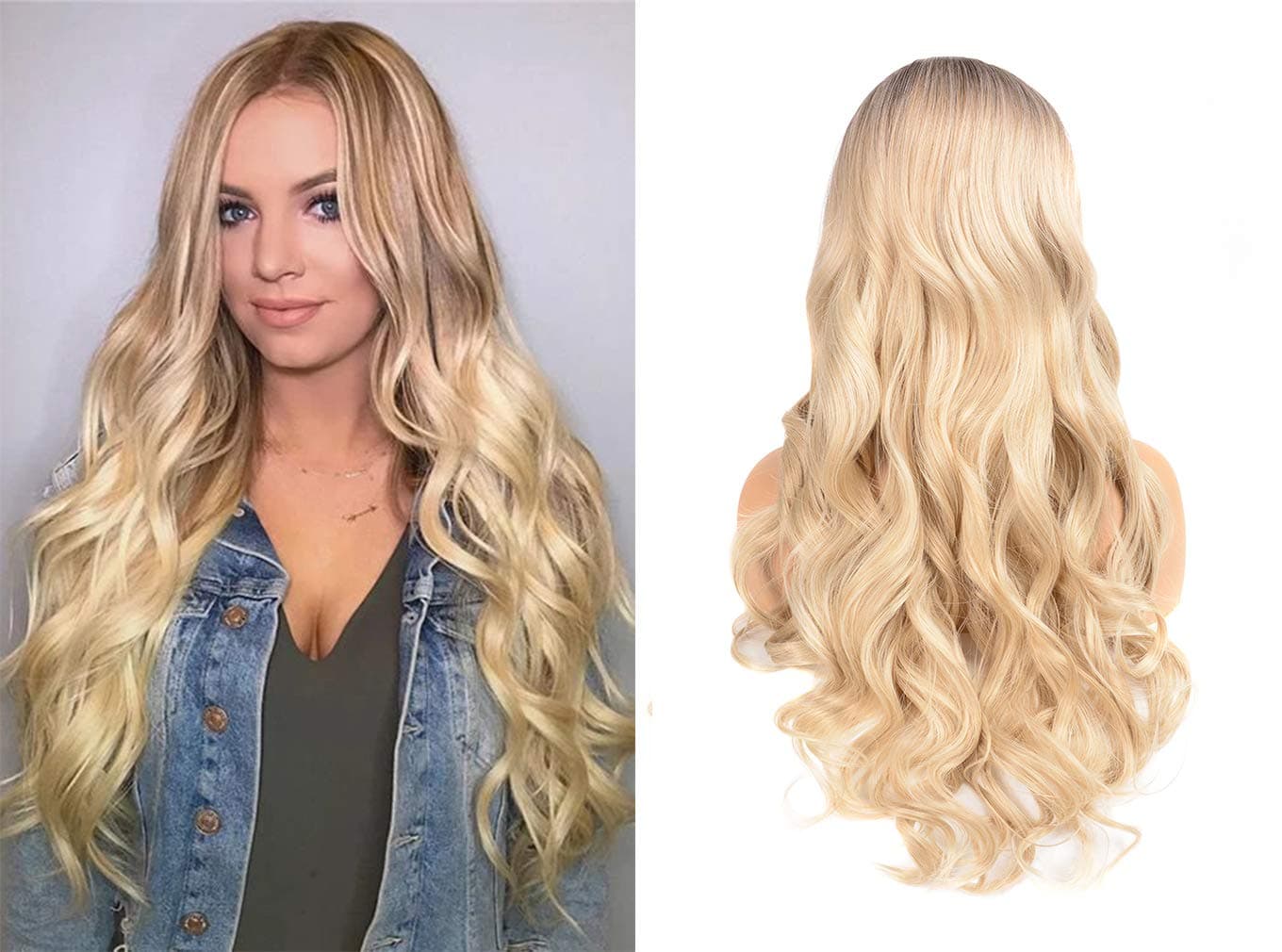 Hair Wig Long Wigs for Women Wavy Blonde Wig Natural Synthetic Hair Wig Colored Ombre Wig Blonde with Dark Roots Body Wave Wig Party Cosplay Halloween Full Wigs (Blonde)