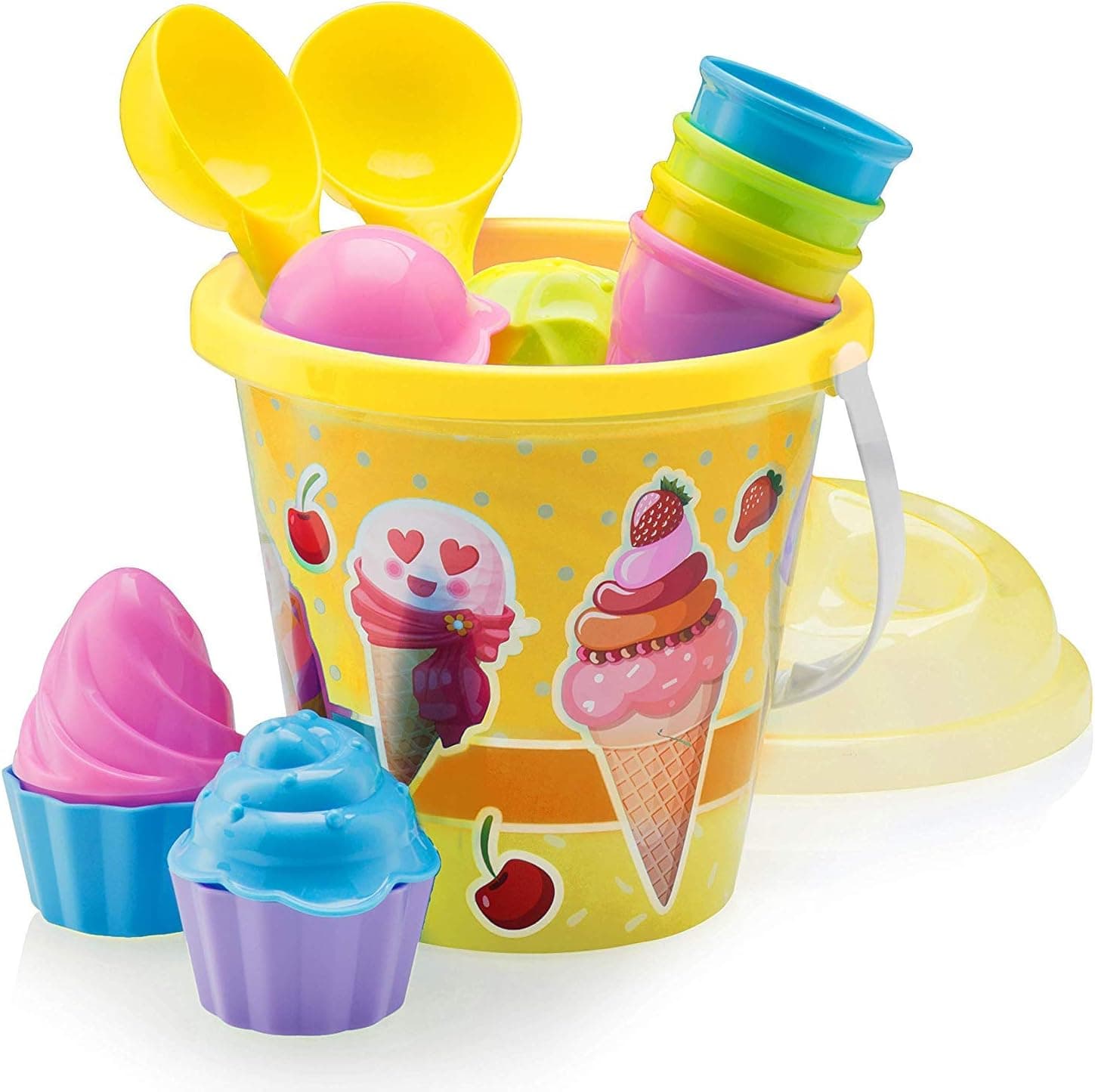 Top Race Beach Toys Set with Large 9'' Bucket Pail and Spade Scoop Shovels for Kids | 16pcs Yellow Ice Cream Playset for Kids & Toddlers Ages 1.5,2,3,4,5,6,7,8,9 | Great Sand Toys for Outdoor Sandbox