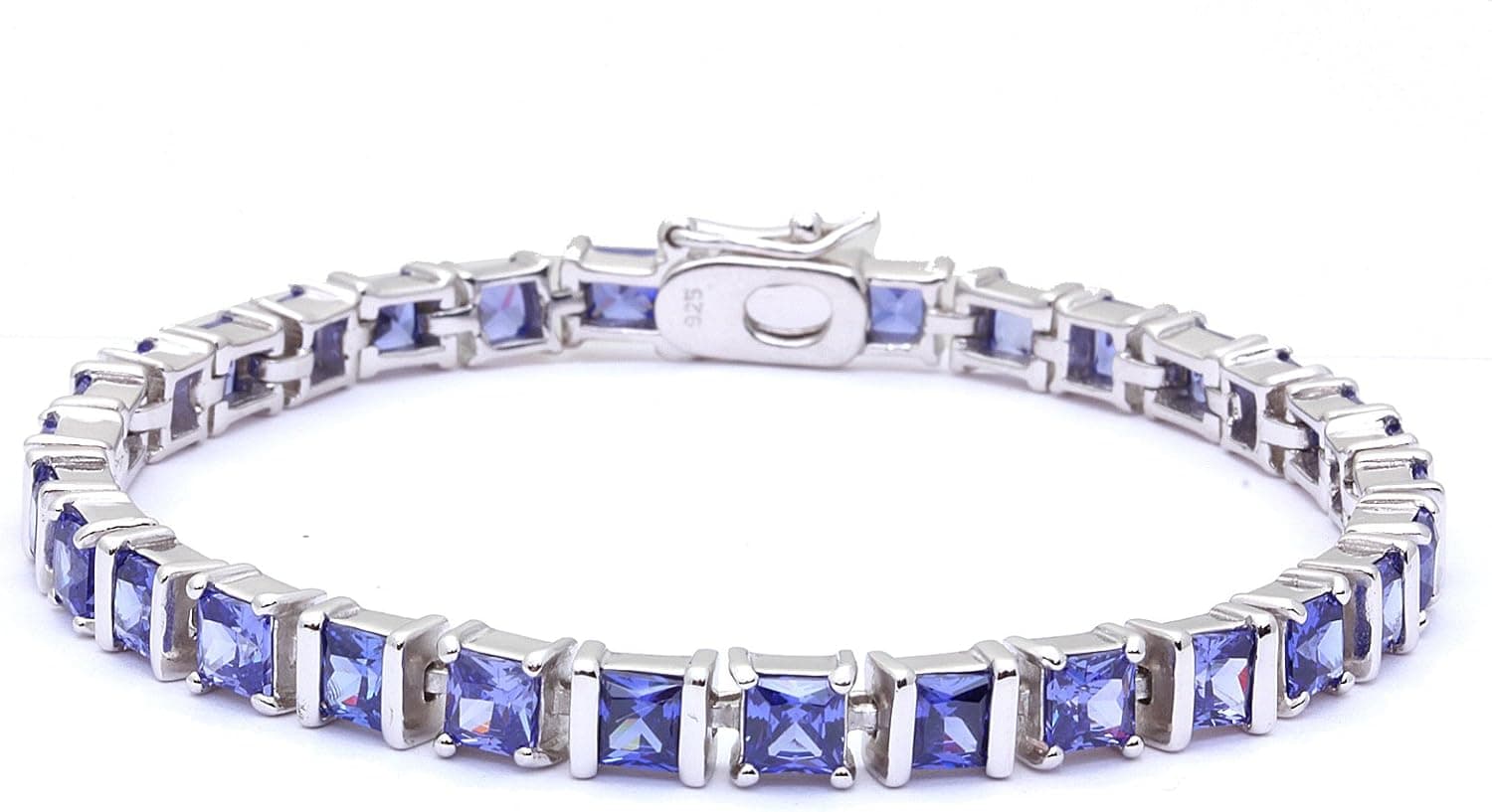 Oxford Diamond Co 11.5Ct Princess Cut Simulated Tanzanite .925 Sterling Silver Bracelet 7.5" 18.2 Grams Heavy
