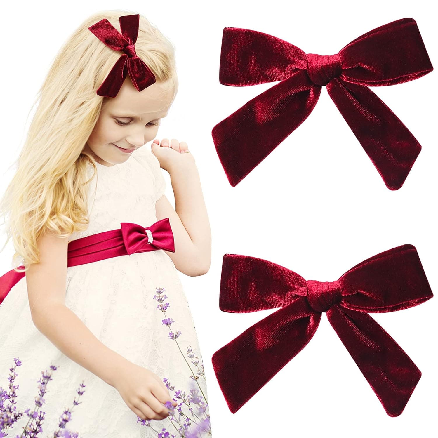 CEELGON 2PCS 5" Big Velvet Bows for Girls Red Wine Hair Bows for Toddler Girls Hair Clips Hair Accessories For Little Girl Pigtail Bows