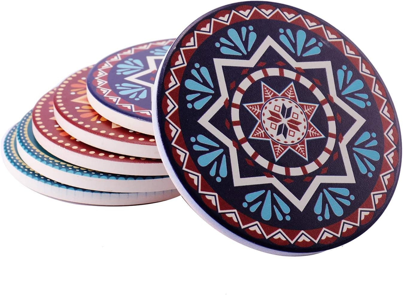 Absorbent Ceramic Coasters for Drinks - 6 Pack Mandala Patterns with Cork Back,Drink Spills Coasters, Coffee Mug Place Mats