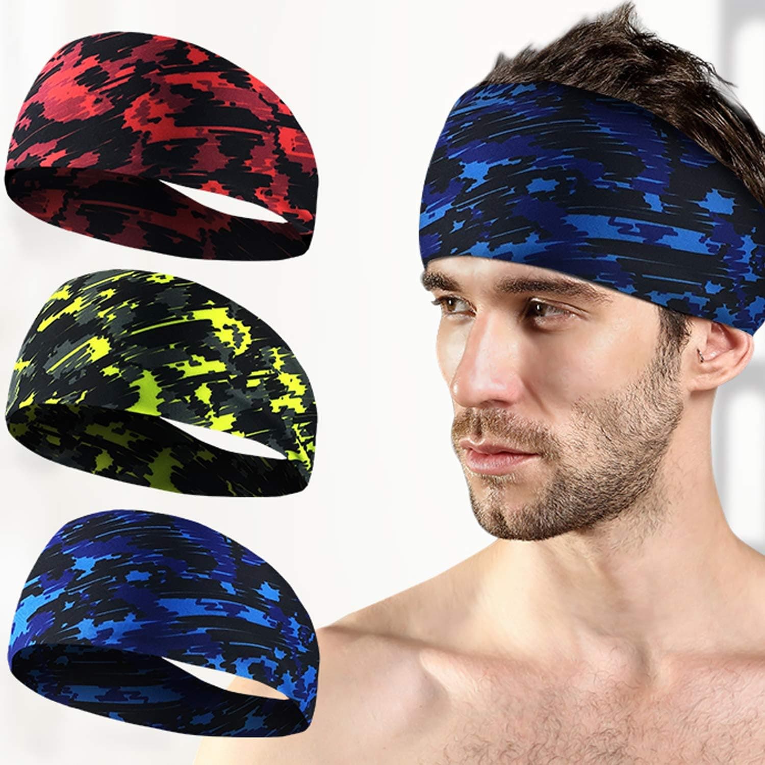 Yuyeran 3 Pack Workout Headbands for Men Women, Sweat Wicking Hair Bands for Sports Fitness Yoga Running Elastic Head Band