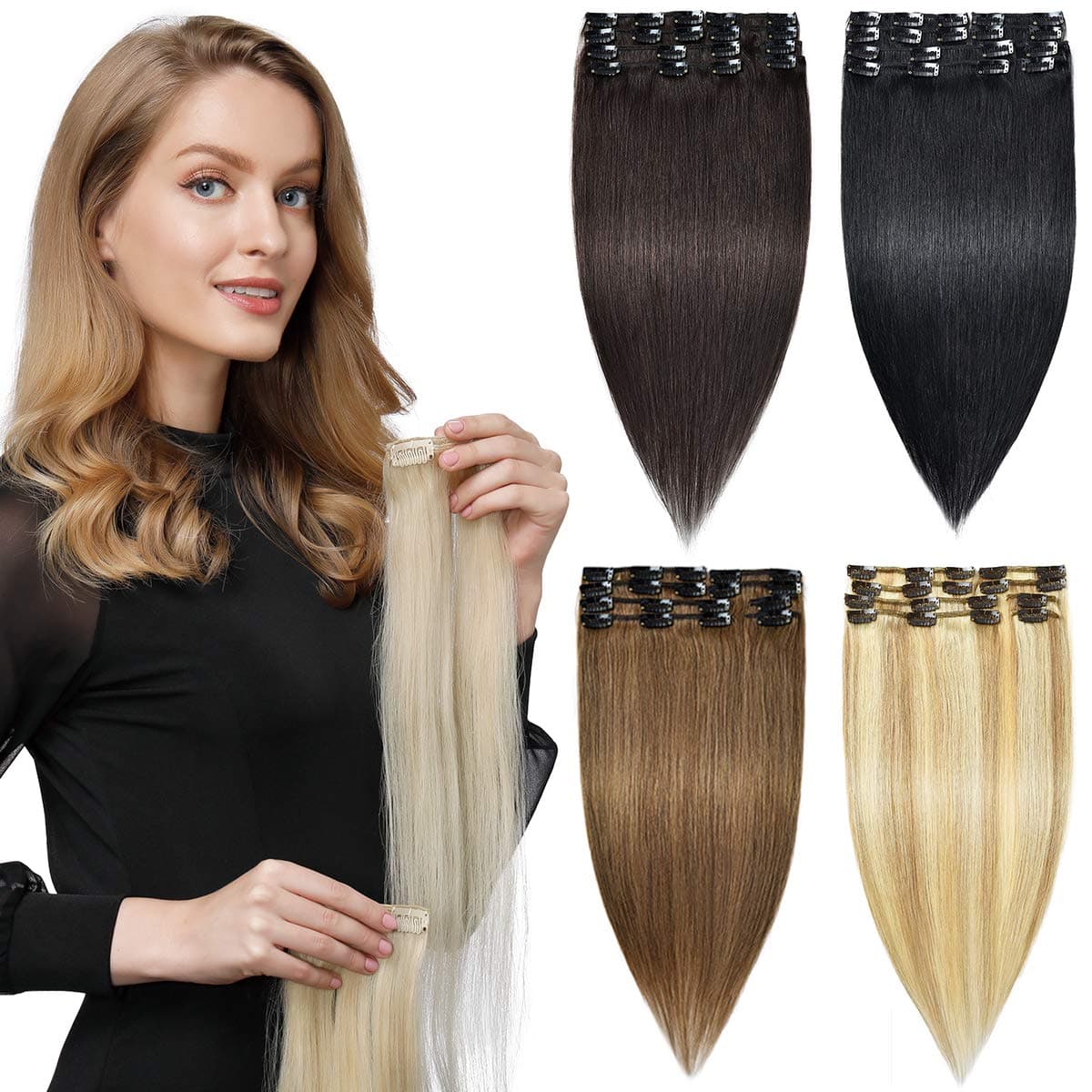 HAIRREAL Clip in Hair Extensions REMY Human Hair for Women 8pcs Set Full Head Natural Straight Real Hairpiece 14-22 Inch