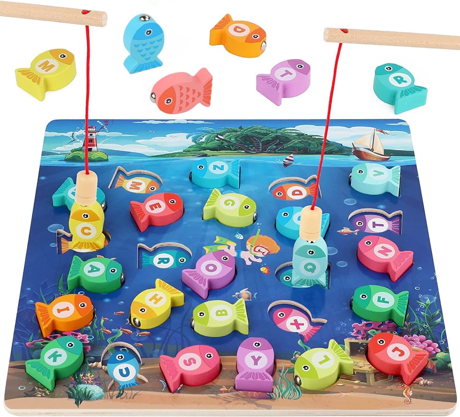 Magnetic Fishing Game for Toddlers, Alphabet Magnets Fish Catching Puzzle Board Preschool ABC Letter Montessori Educational Learning Stem Fine Motor Skill Wooden Toy for 3 4 5 Year Old Boy Girl Kids