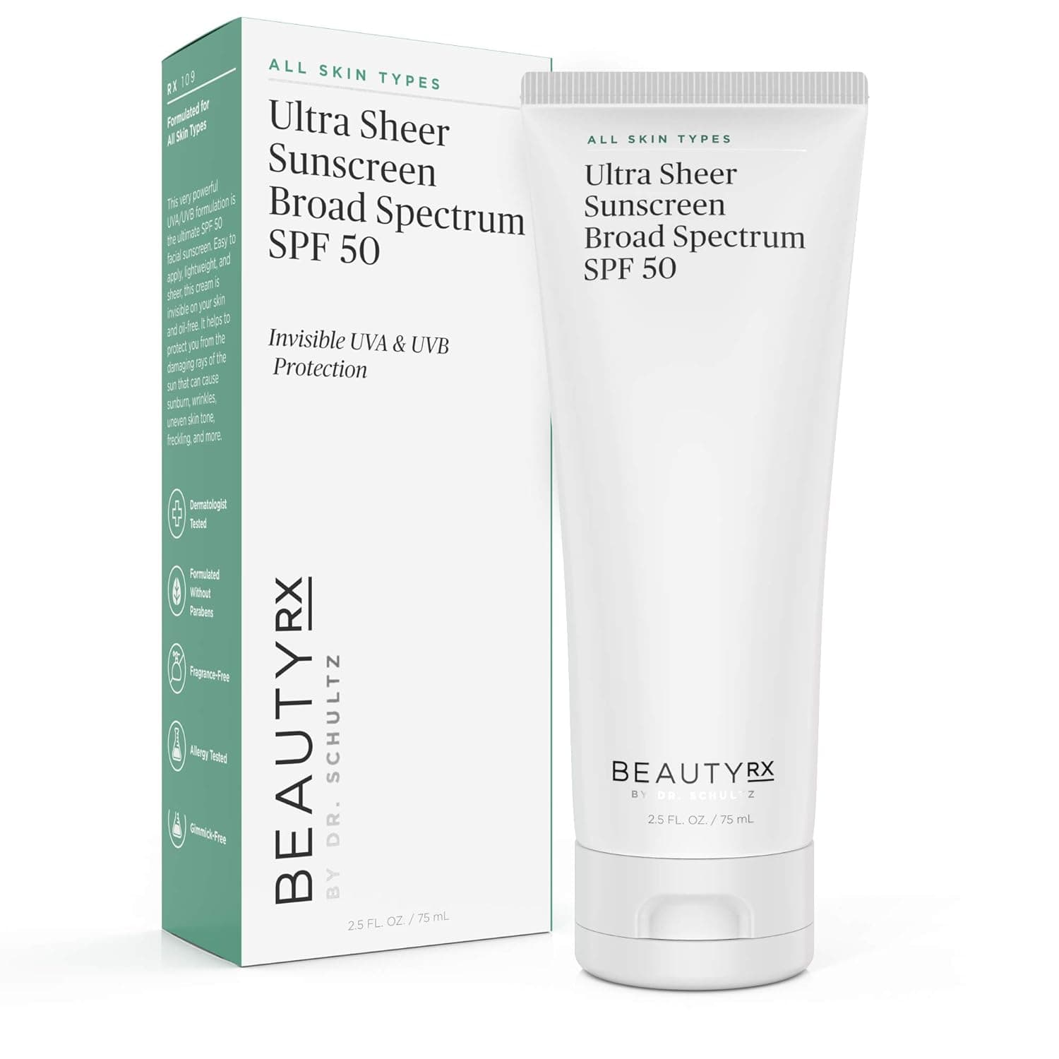 BeautyRx by Dr. Schultz Ultra Sheer SPF 50 Sunscreen Broad Spectrum Protection. Lightweight, Non-Comedogenic, Dermatologist-Tested, Fragrance-Free UVA and UVB Defense with Zinc Oxide & Octinoxate (2.5 oz)