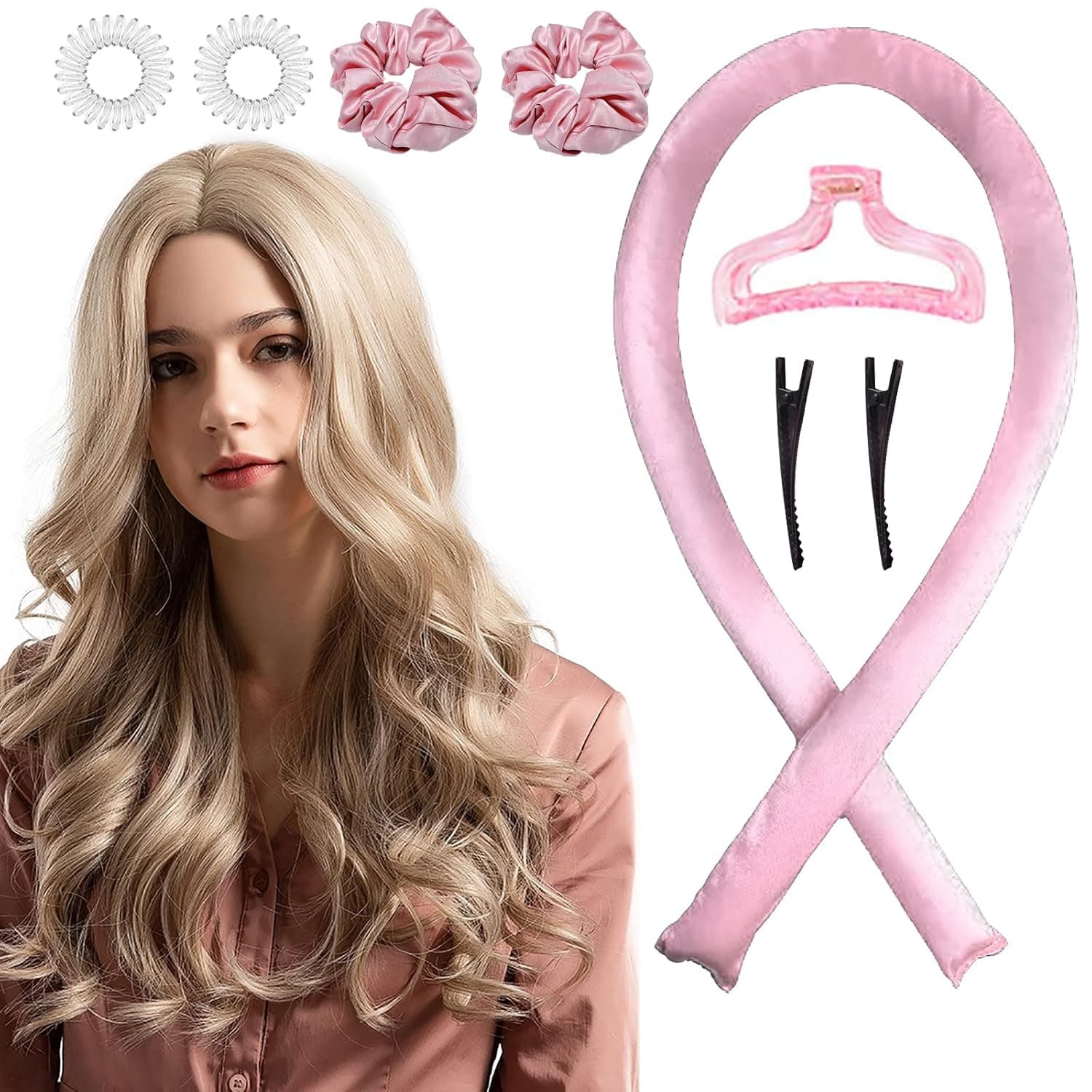 Heatless Hair Curler, Heatless Curls Headband Set of 8 to Sleep in Curl Ribbon with Scrunchies Hair Clips Hair Curlers for Women Long Hair Styling Tools Foam Hair Rollers Curlers (Rose Gold)