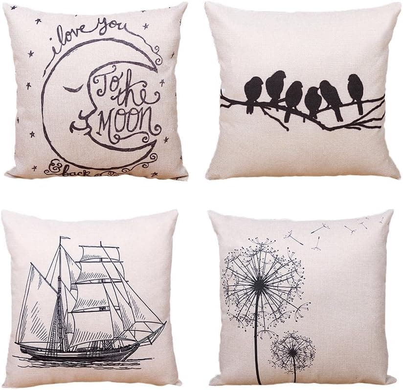 Jahosin Set of 4 Decorative Cotton Linen Square Throw Pillow Cases Cushion Covers Textured, 18"x18" (Moons)
