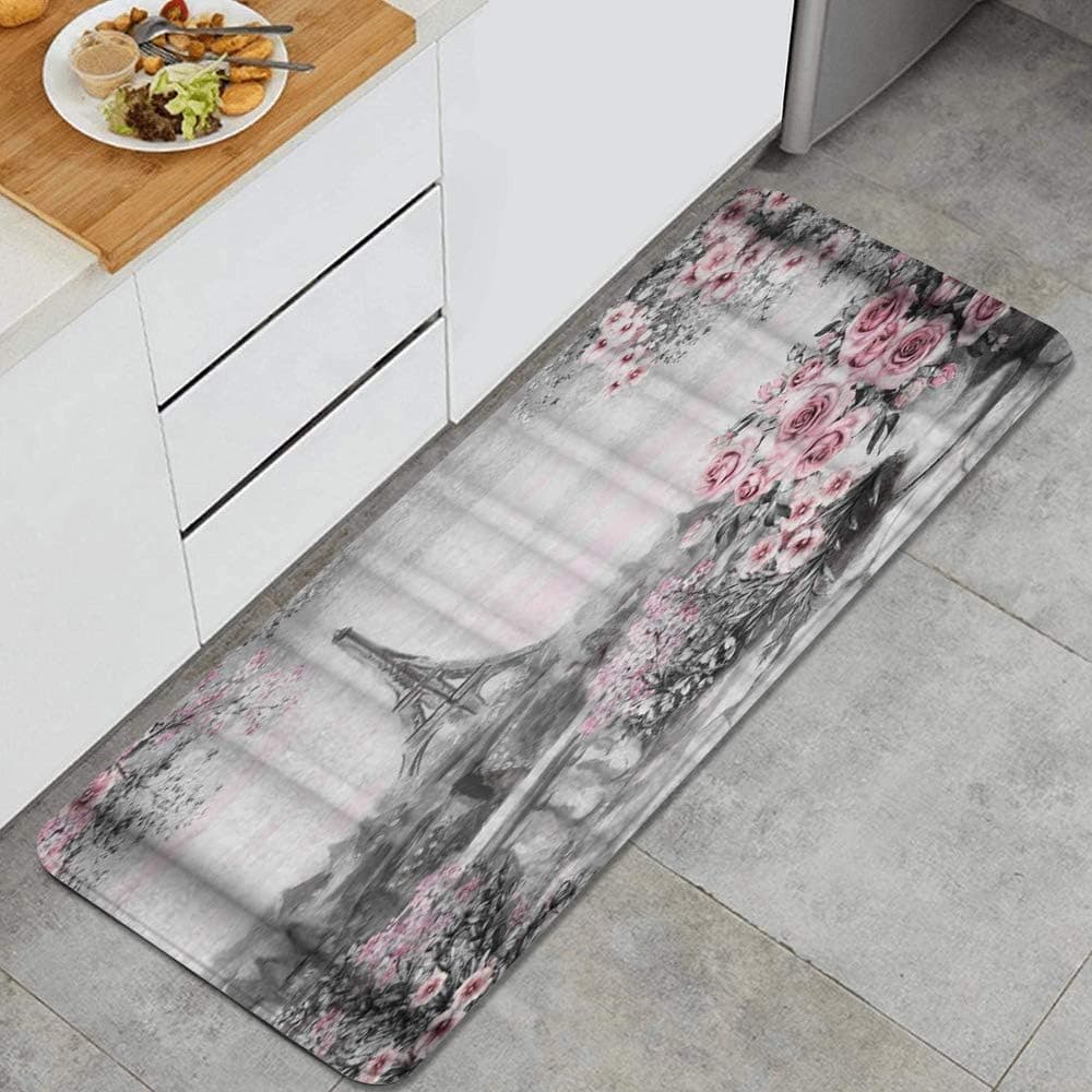 Vintage Paris Painting Eiffel Tower Pink Rose Flower Spring Cityscape Anti Fatigue Kitchen Mat Comfort Floor Mats Non-Slip Oil Stain Resistant Easy to Clean Kitchen Rug