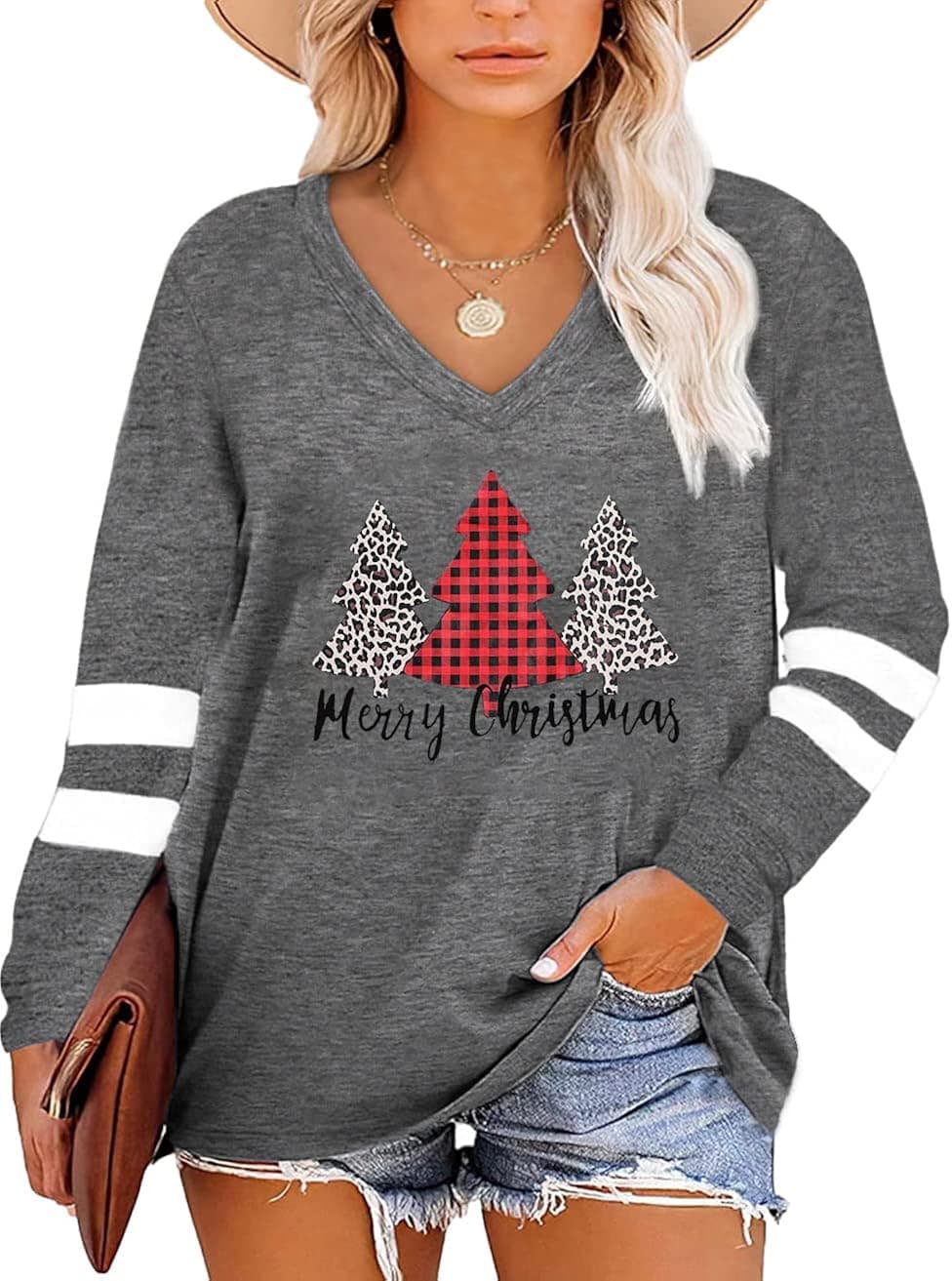 Christmas Plus Size Long Sleeve Shirt Women Merry Christmas Tree T-Shirt Merry and Bright Tops Xmas Tees Blouse