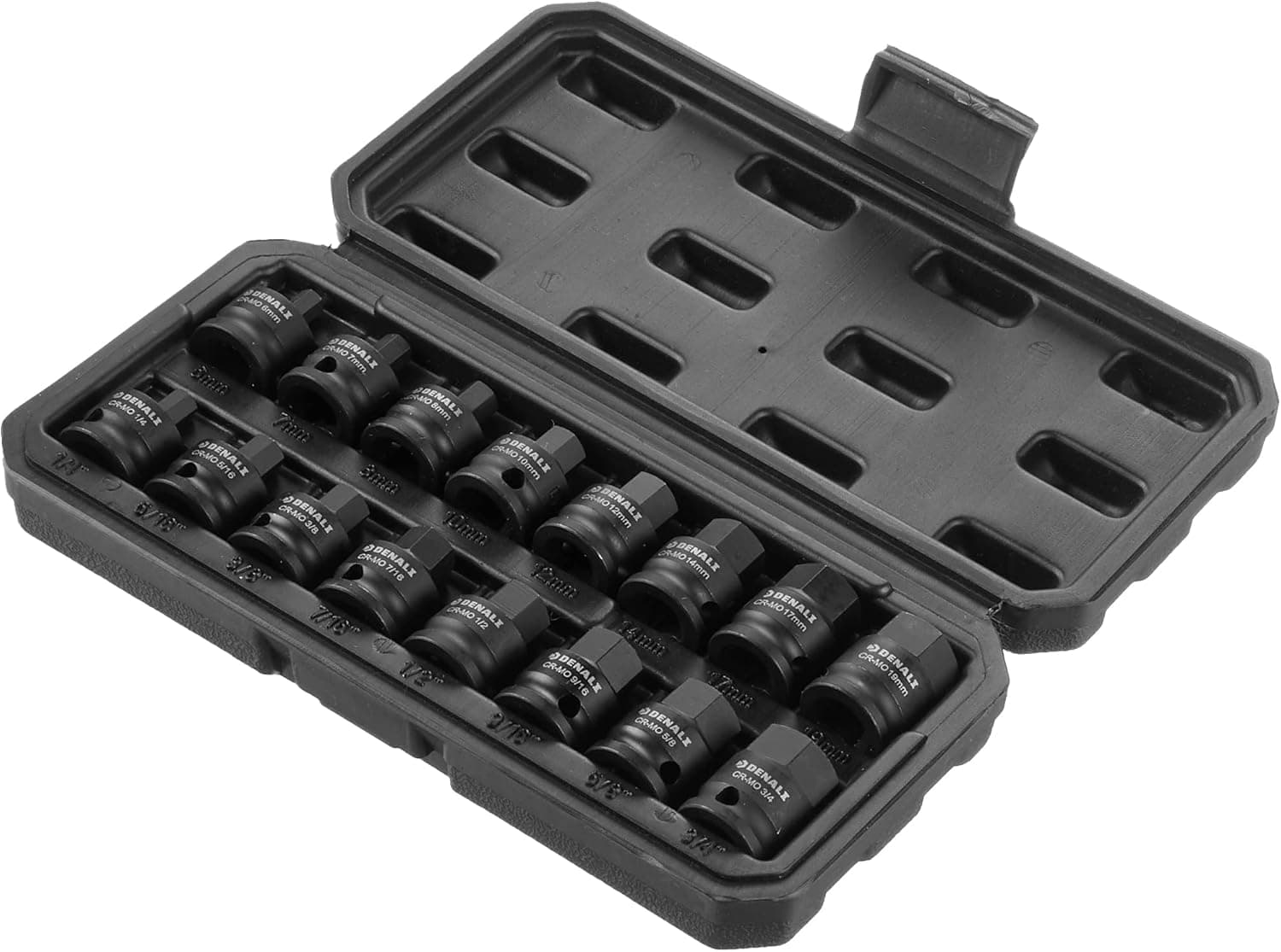 Amazon Brand - Denali 16-Piece 3/8-Inch Drive Impact Hex Driver Set, SAE/Metric Size with Carrying Case