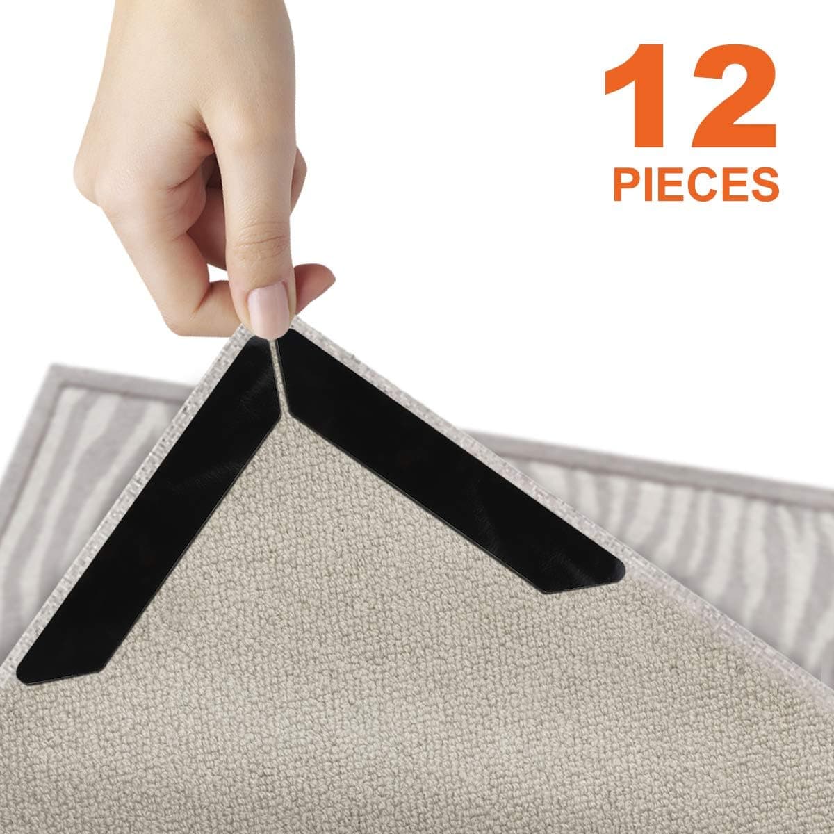 12 PCS Rug Grippers, Double Sided Carpet Tape No Slip Rug Pad Tape for Hardwood Floors Area Rugs Runners Rugs, Renewable,Anti Curling, Keep Corners and Edges Flat