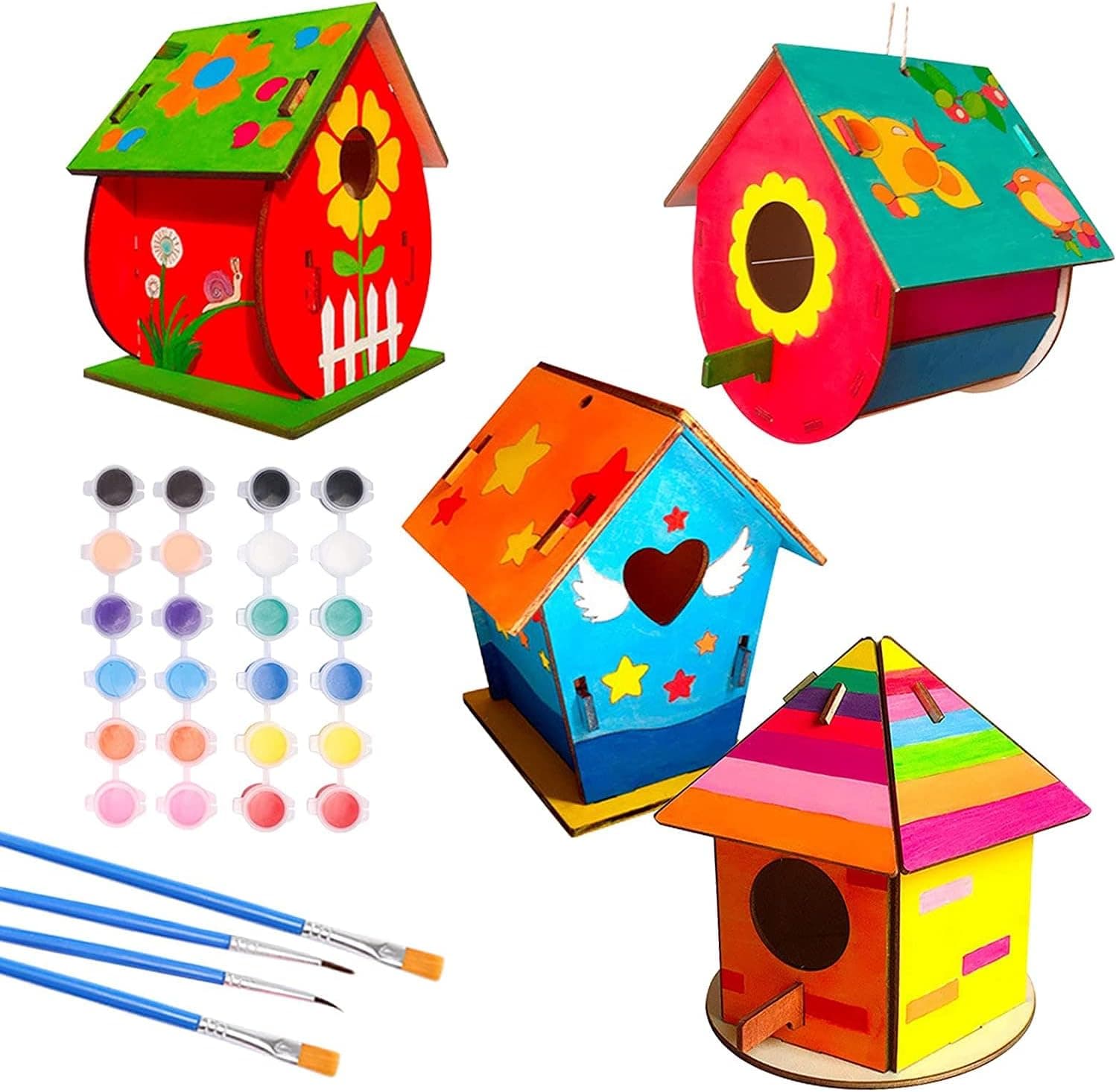 Wjiang DIY Bird House Kit, 4 Packs Wooden Doodle Birdhouses Set, Build & Paint Wooden Arts and Painting Craft Toy with Paints & Brushes for Kids Adults Courtyard Tree Outdoor Decoration Creative Gift