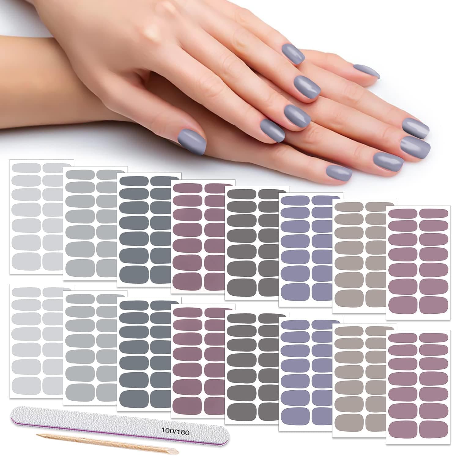 DANNEASY 16 Sheets Nail Wraps for Women Nail Polish Strips Solid Color Self Adhesive Nail Polish Stickers Stick On Nails Nail Accessories with 1pc Nail File, Cuticle Stick (Gray)