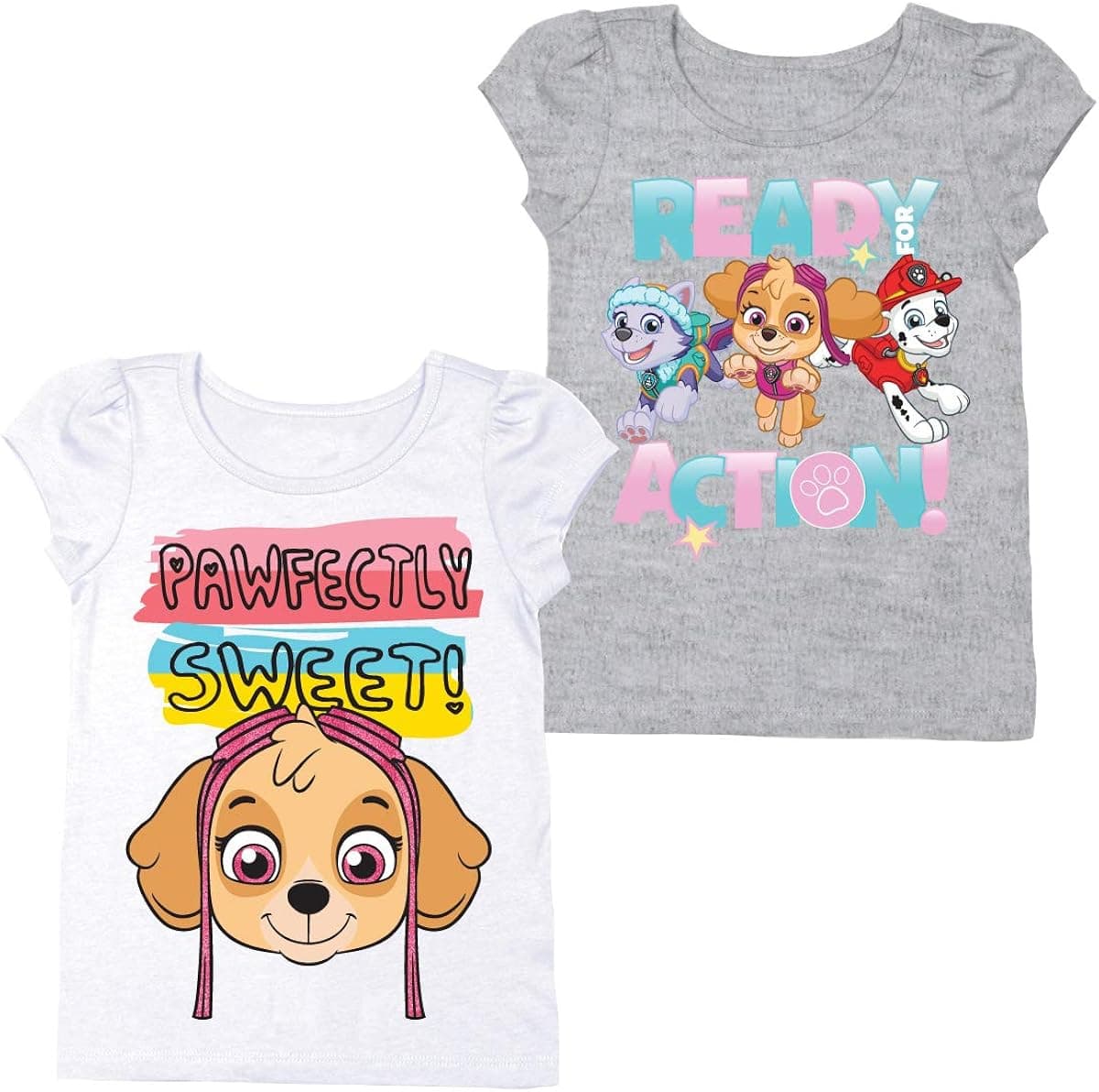 PAW Patrol Short Sleeve T-Shirt - 2 Pack of Girls Paw Patrol T-Shirts (White/Grey, 4T)