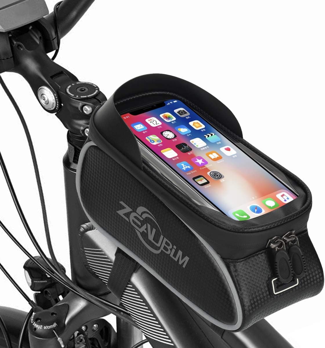 Zeaubim Bike Phone Front Frame Bag- Waterproof Bicycle Phone Mount Large Capacity Top Tube Storage Bag Bike Phone Case Holder Cycling Pouch for 6.5’iPhone Plus xs max