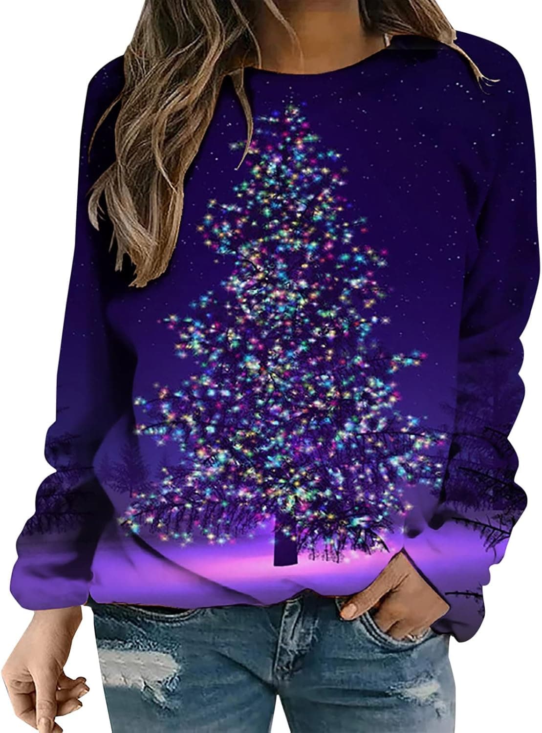 DOLKFU Womens Christmas Long Sweatshirt Casual Long Sleeve Crew Neck Pullover Shirt Christmas Tree Graphic Tops Blouse