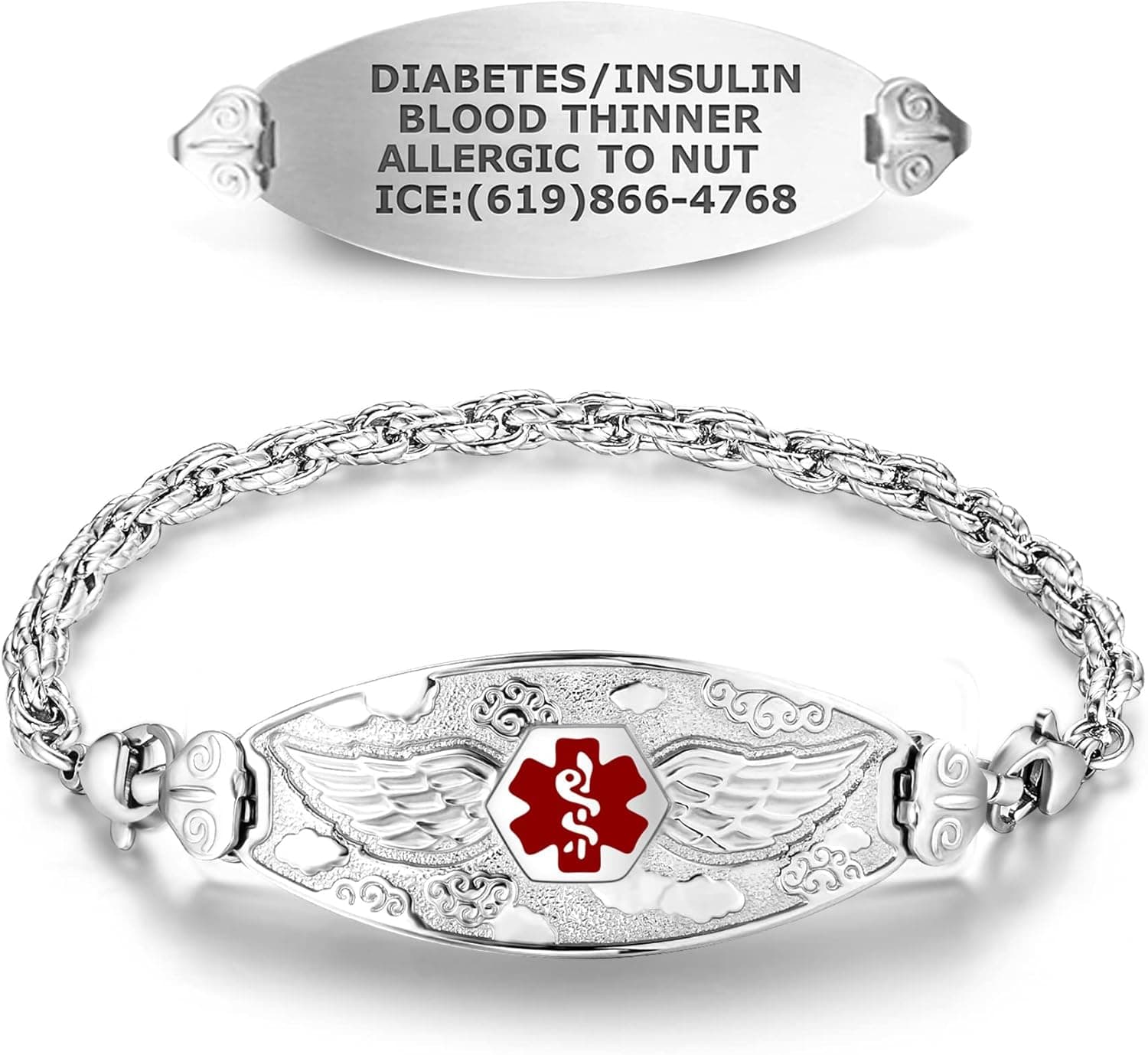 Divoti Custom Engraved Medical Alert Bracelets for Women, Stainless Steel Medical Bracelet, Medical ID Bracelet w/Free Engraving – Angel Wing Tag w/Rope – Color/Size