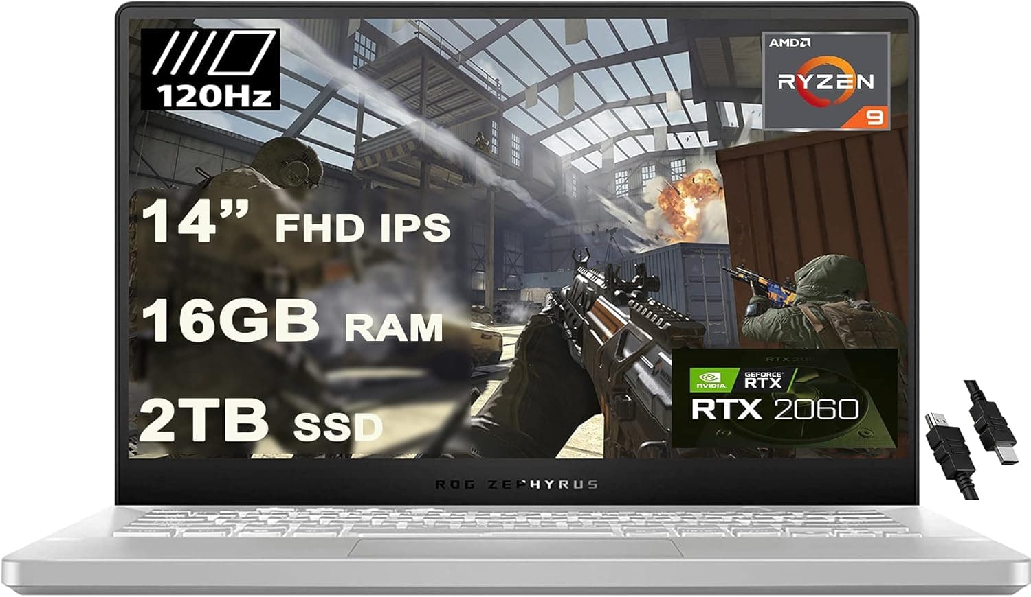 ASUS 2020 Flagship ROG Zephyrus G14 VR Ready Gaming Laptop 14" FHD 120Hz AMD 8-Core Ryzen 9 4900HS (>I7 10750H) 16GB RAM 2TB SSD RTX2060 Max-Q 6GB Backlit Win10 + HDMI Cable