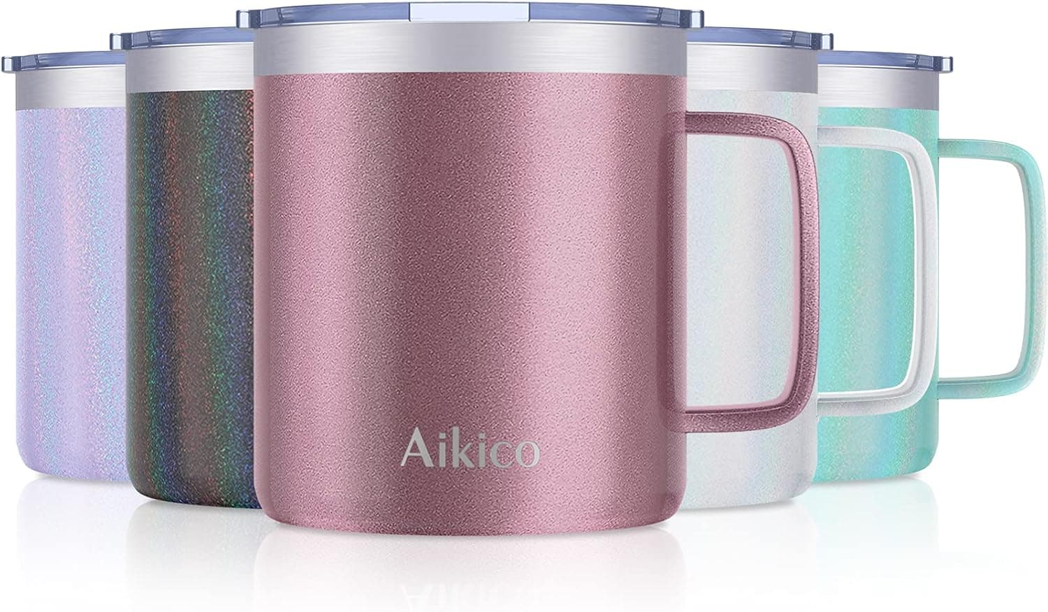 Aikico Insulated Coffee Mug with Handle, 14oz Stainless Steel Coffee Travel Mugs with Lid, Double Walled Vacuum Coffee Tumbler for Home & Office, Set of 2, Rose Gold
