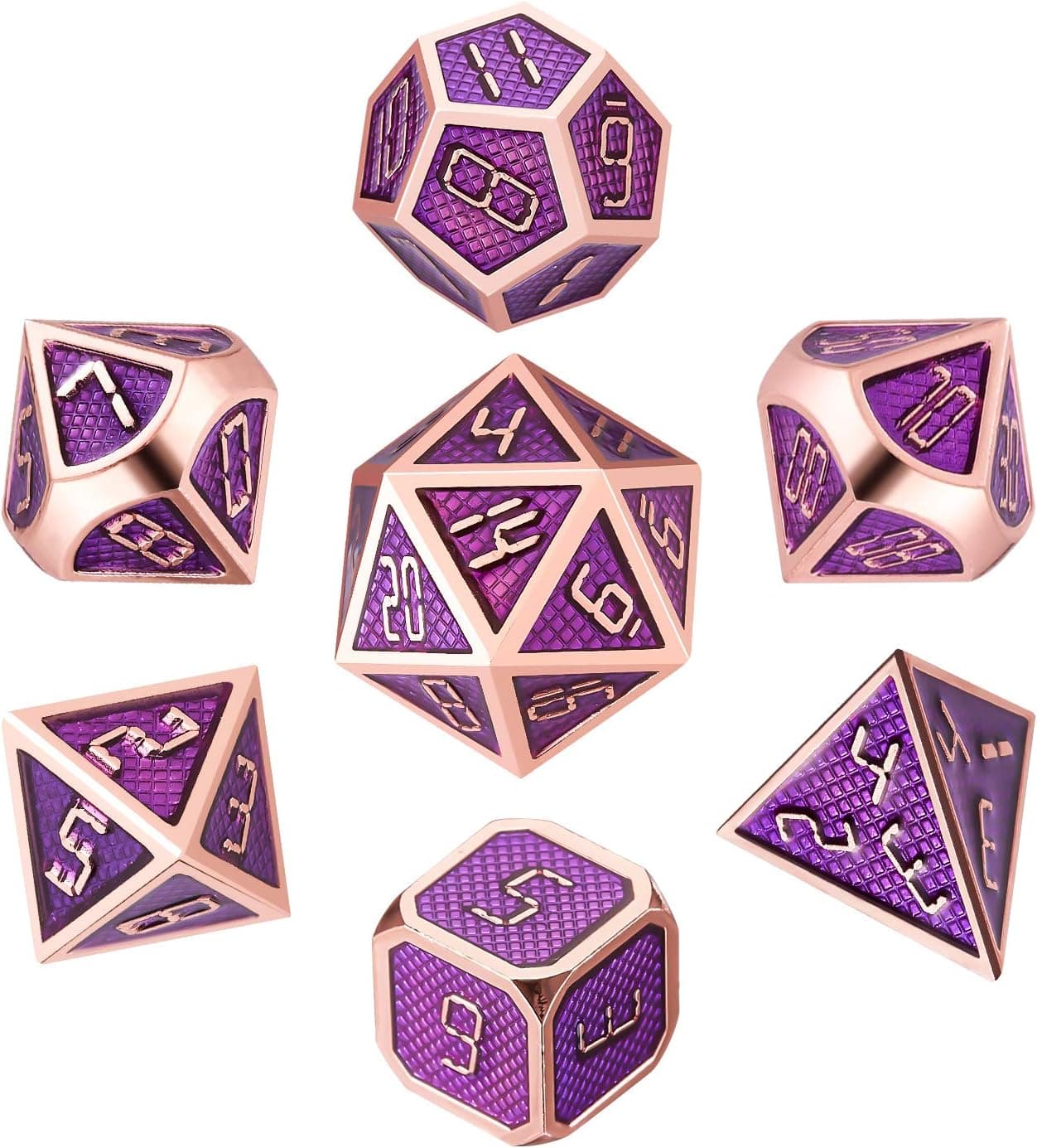 QMAY DND Metal Dice, 7 Die Polyhedral Game Dice Solid Metal D&D Dice Set with Metal Box & 2 Pencils for Role Playing Game Dungeons and Dragons D&D Pathfinder Shadowrun and Math Teaching(Purle Gold)