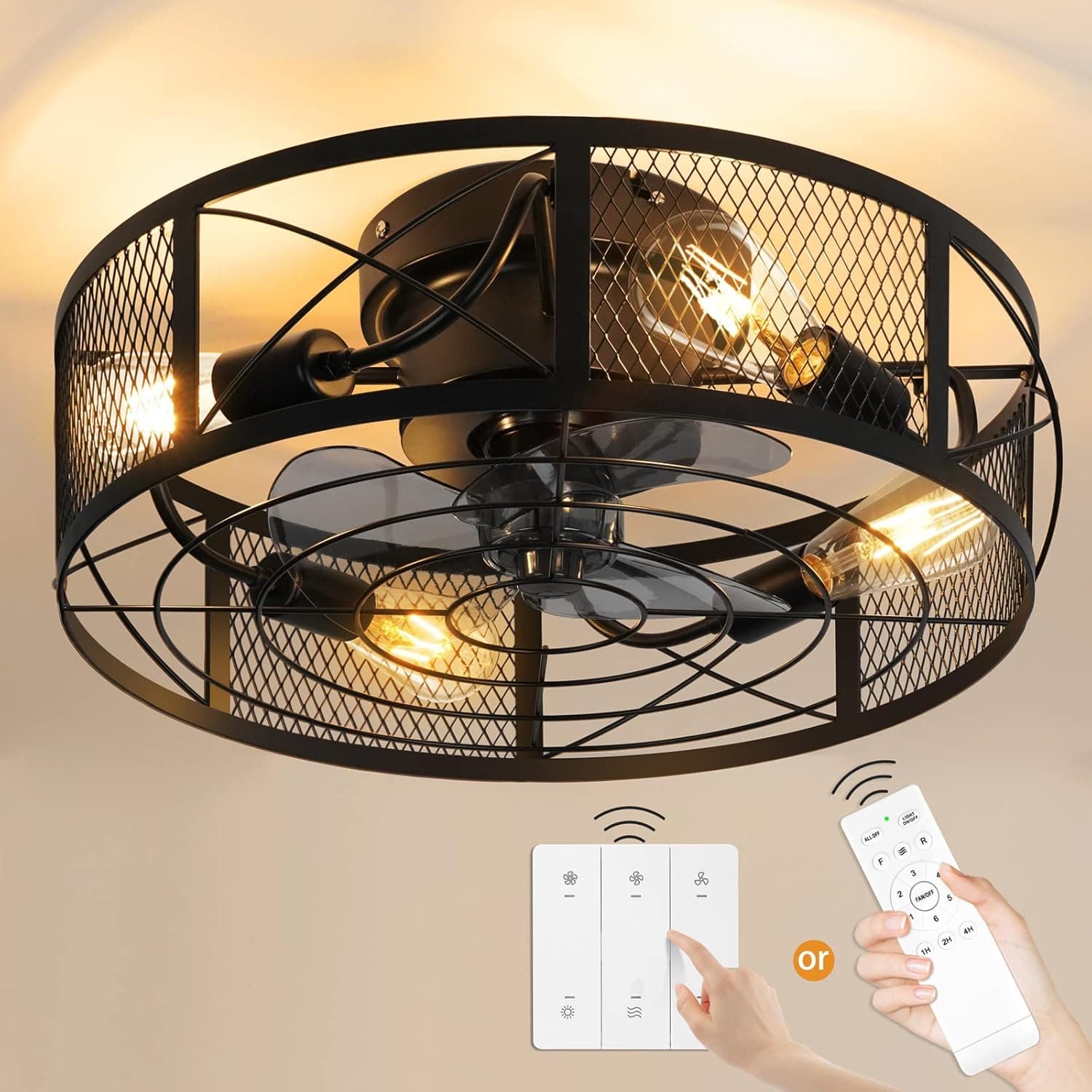 NEWORB Caged Ceiling Fan with Lights Remote Control Black Industrial Low Profile Small Ceiling Fan Vintage Farmhouse FCC Listd 35W Quiet Reversible 6-Speed 1-4 Timer