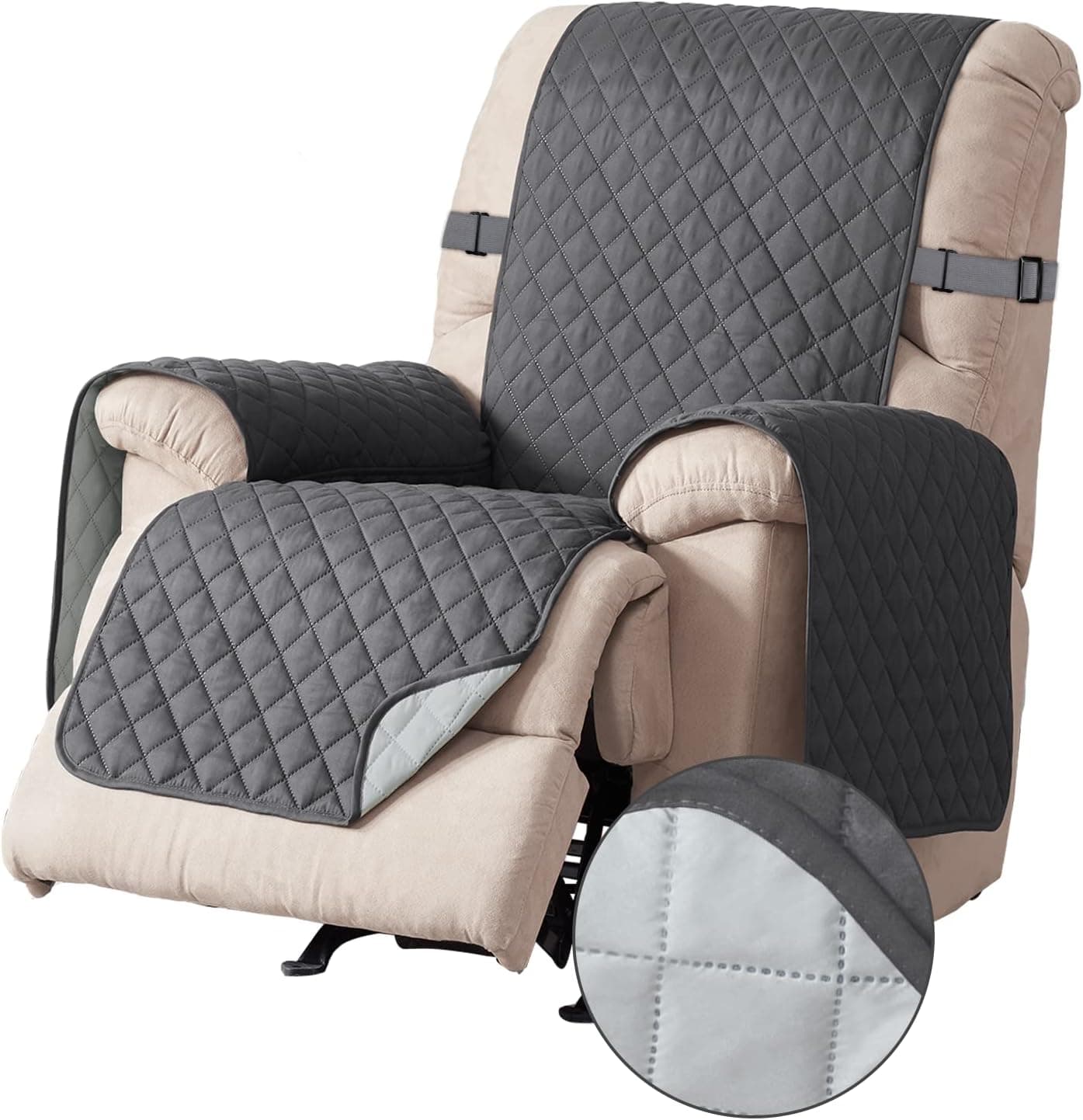 RHF Reversible Sofa Cover-Great for Home with Kids and Pets(Couch Cover for Dogs)-Features Elastic Strap, Chair Protector, Machine Washable(Recliner-Small: Darkgrey/LightGrey)