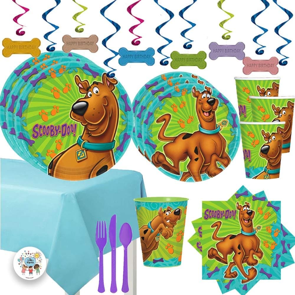 Mega Scooby Doo Birthday Party Supplies Pack for 16 with Scooby Doo Dinner and Dessert Plates, Napkins, Cups, Tablecover, Cutlery, Happy Birthday Dog Bone Swirls, 1 Favor Cup, and Exclusive Paw Pin