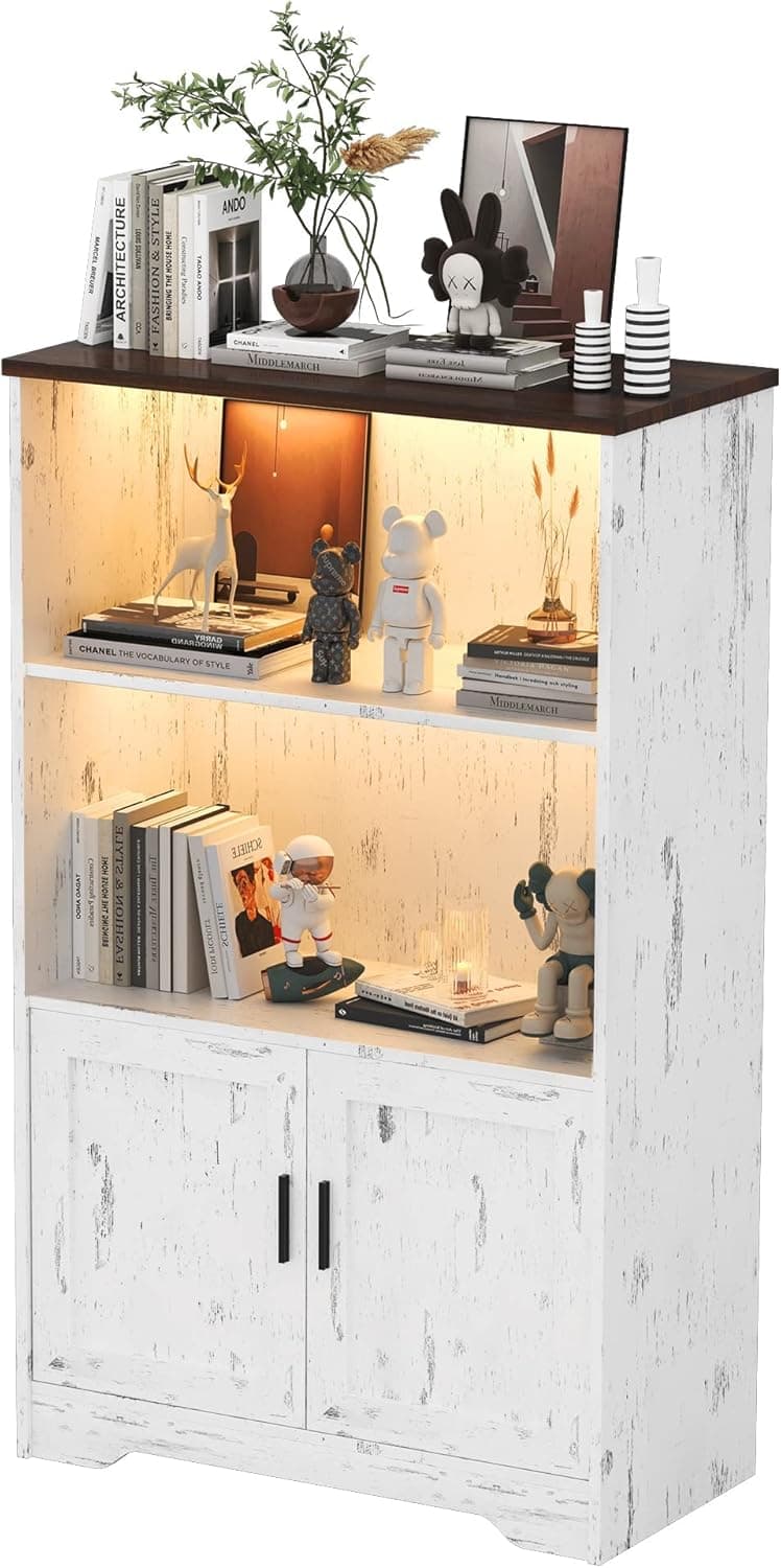 LVSOMT 3-Tier Bookcases with LED Lights, Bookshelves Storage Shelf with Door, Wood Display Storage Cabinet, Small Bookcase and Bookshelf for Bedroom