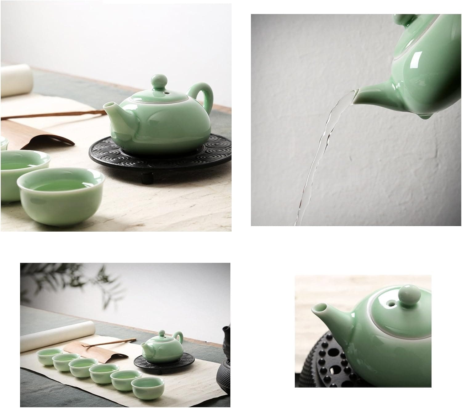 Eternal Chinese Porcelain Kung Fu Tea Set,Celadon Carp Pattern Teacup Ceramic Tea Pot, 7-pack (Green)