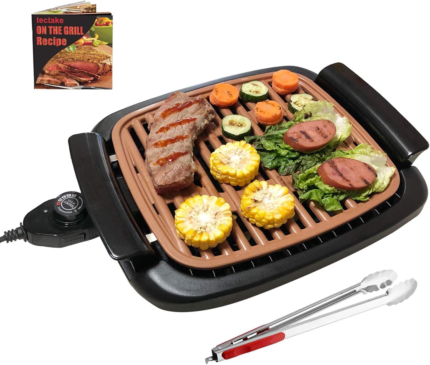 tectake Nonstick Electric Indoor Smokeless Grill - Portable BBQ Grills with Recipes, Fast Heating, Adjustable Thermostat, Easy to Clean, 16 x 11 Tabletop Square Oil Drip Pan (Renewed), Black